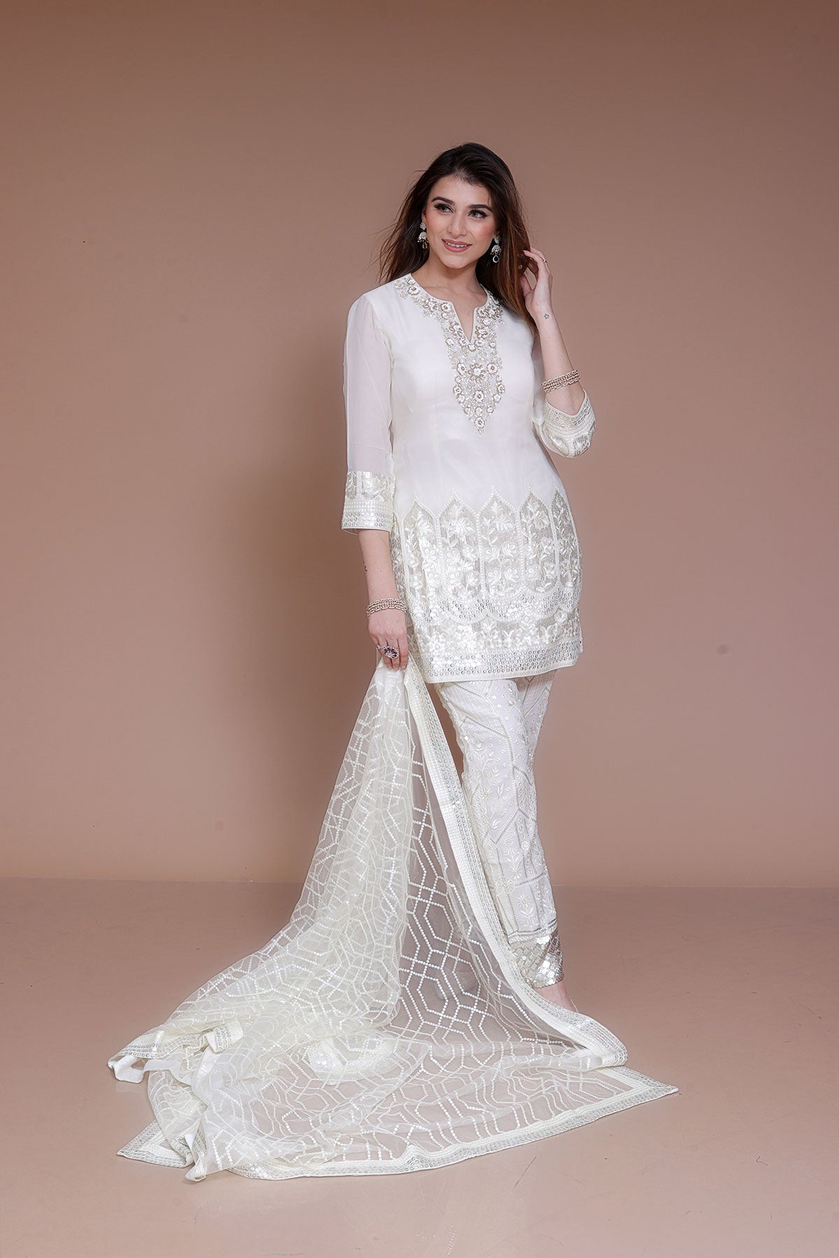 White Pent Suit in Georgette with Net dupatta