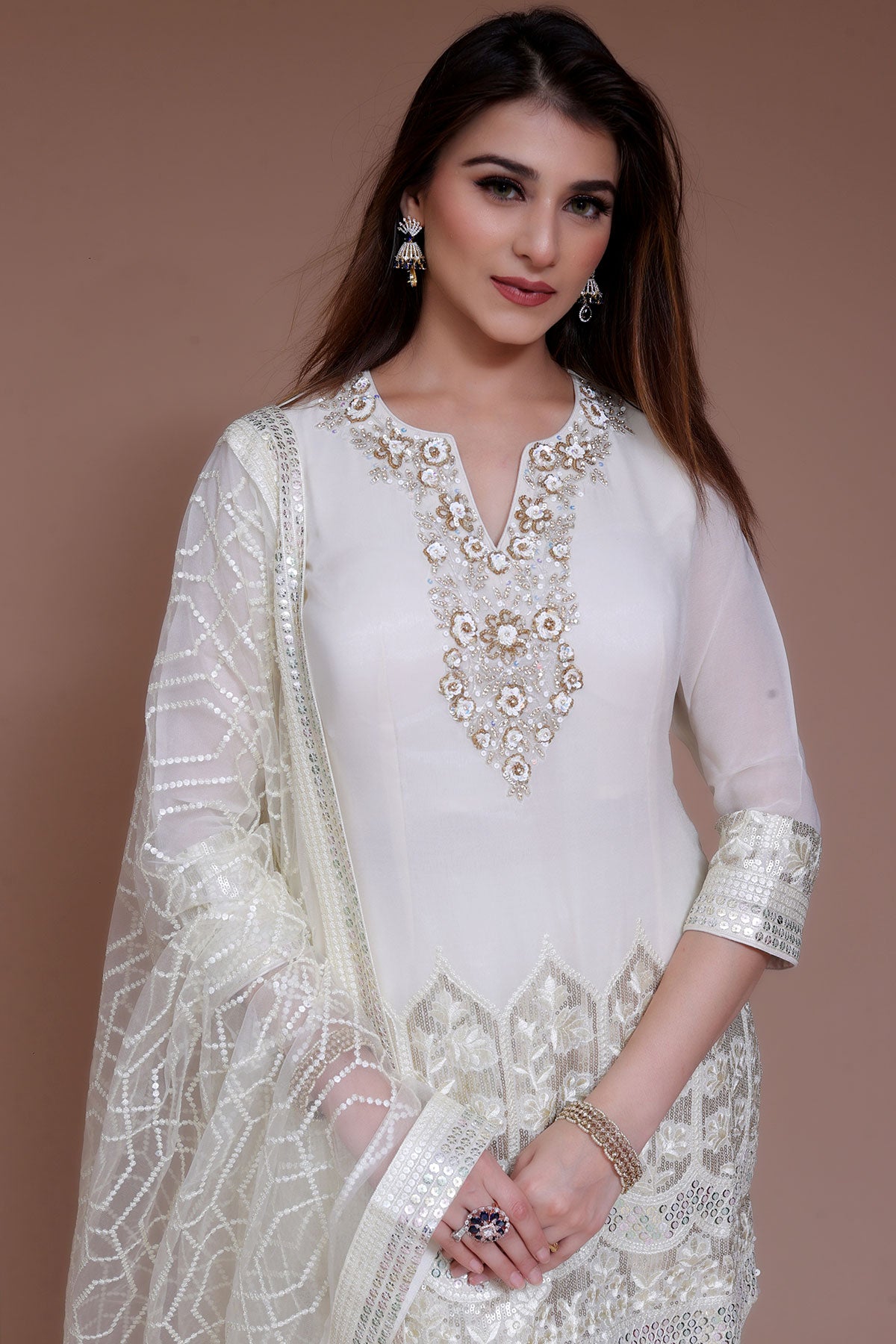 White Pent Suit in Georgette with Net dupatta
