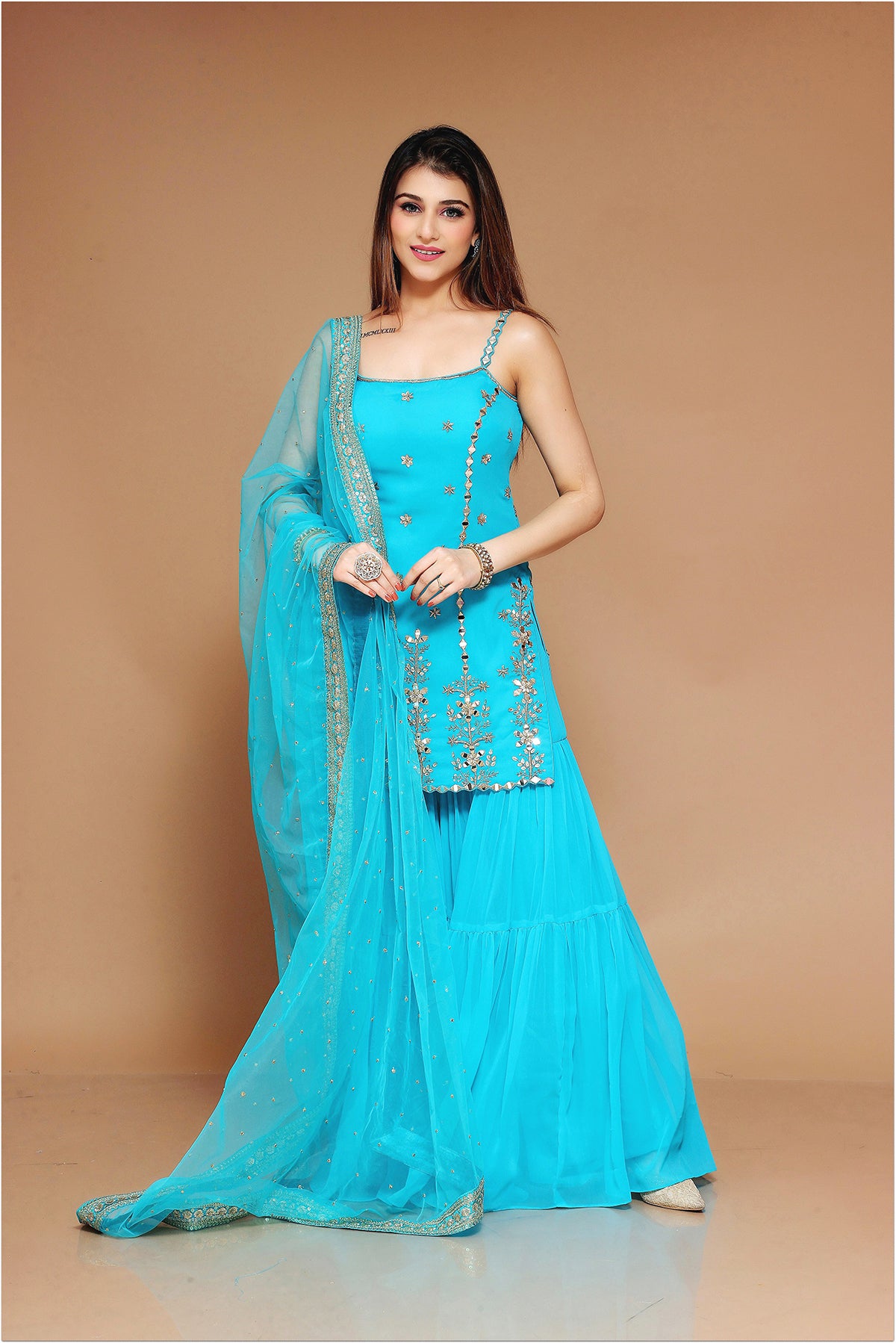 Sky Blue Garara Suit in Georgette embellished with mirror and thread work