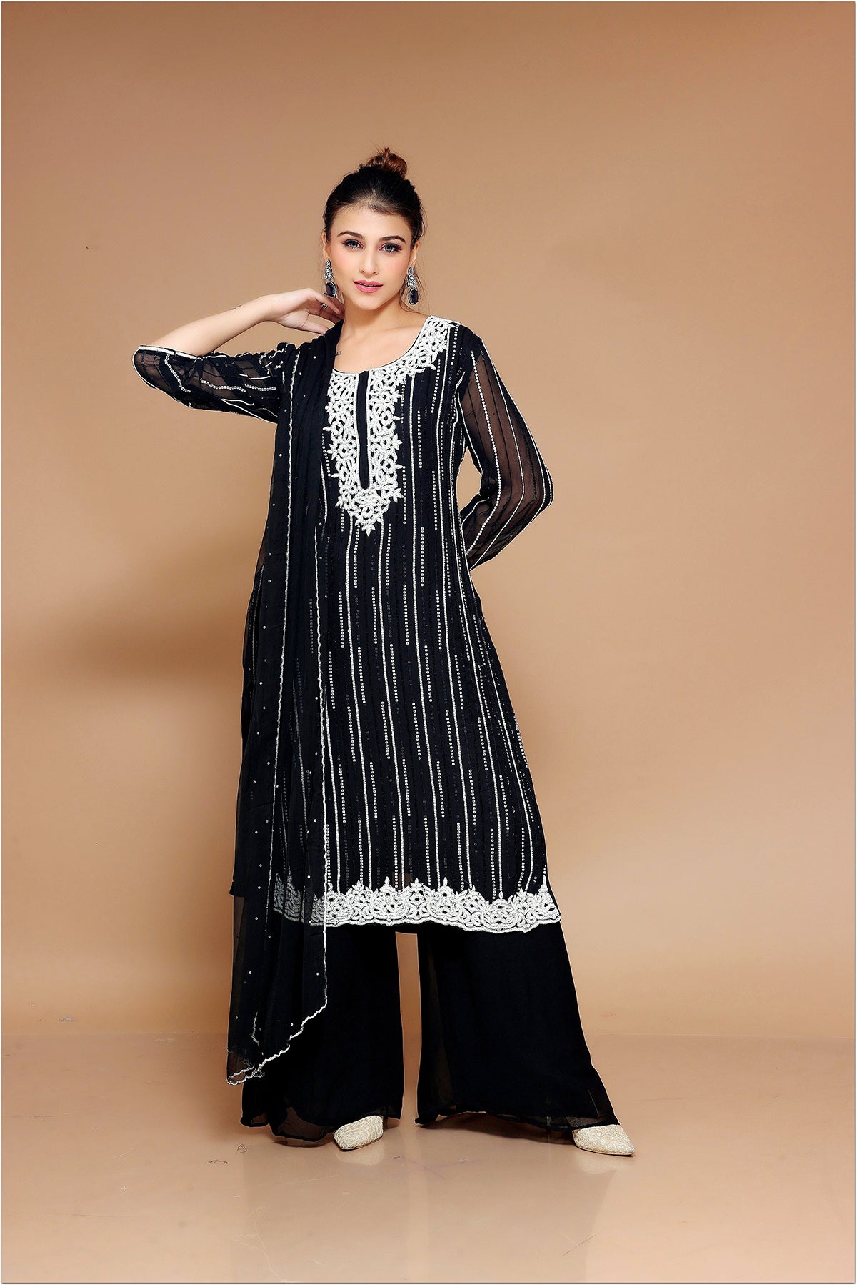 Black Palazzo Suit in Georgette adorned with pearl embroidery