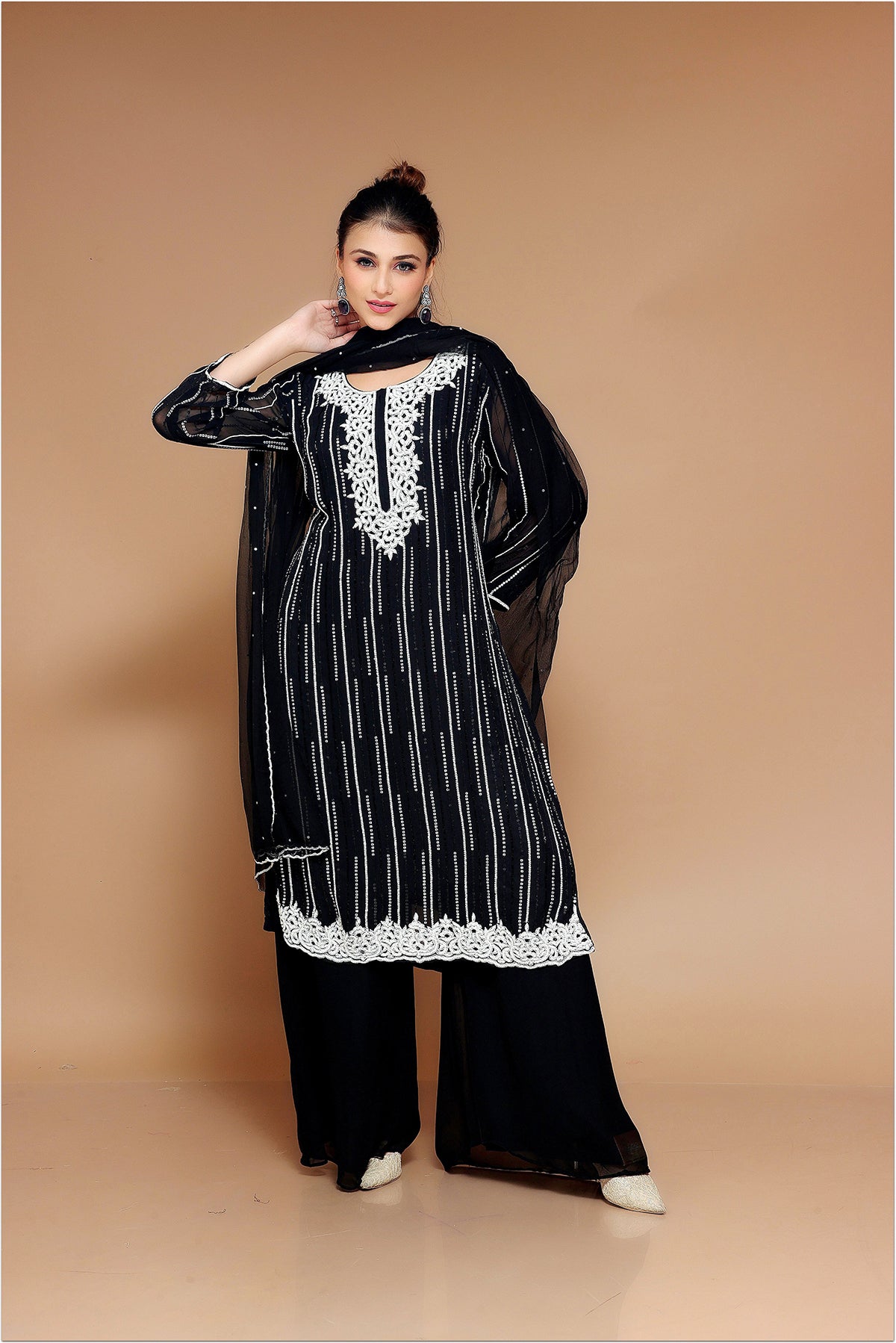 Black Palazzo Suit in Georgette adorned with pearl embroidery