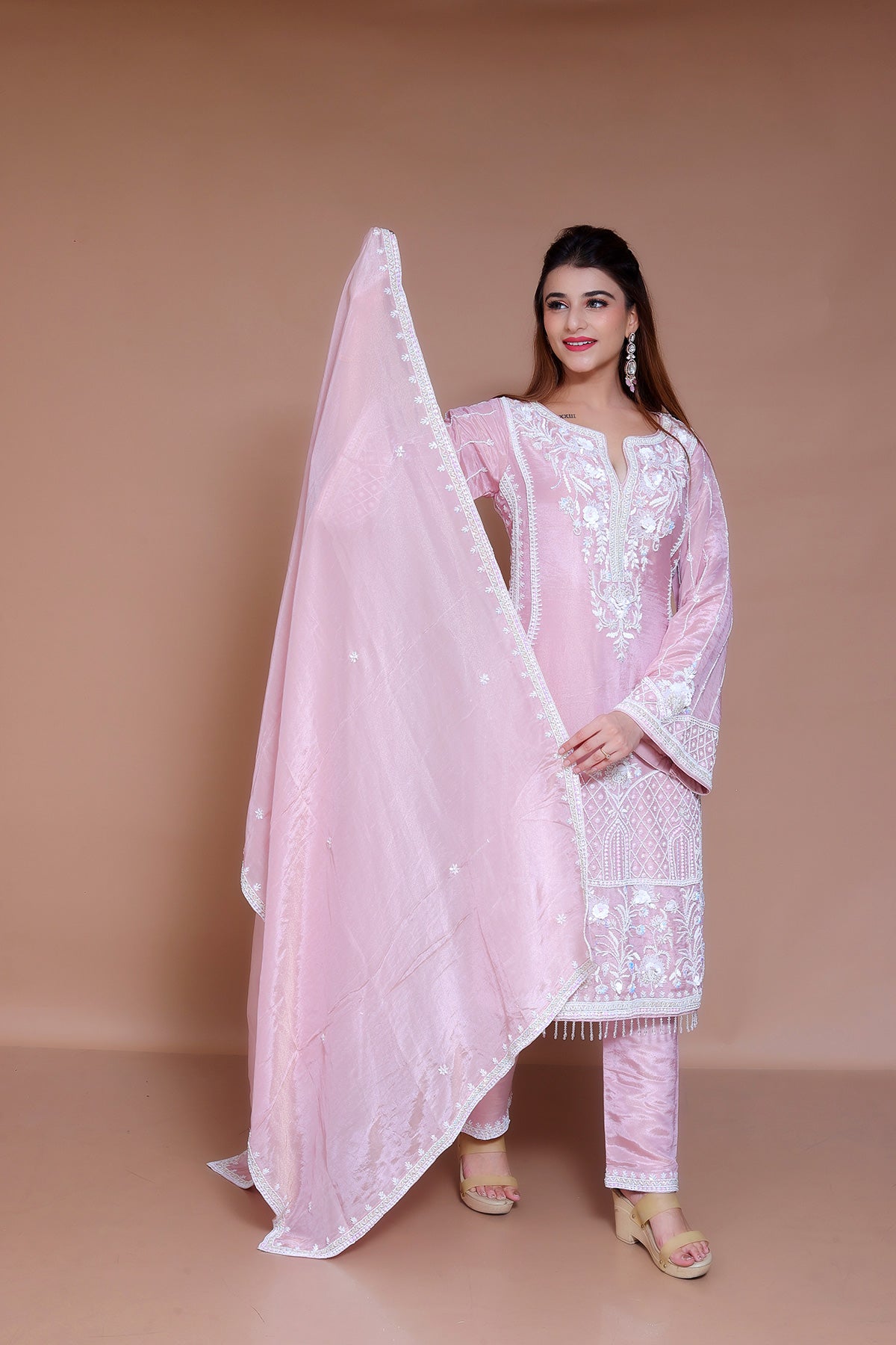 Pink Pent Suit adorned with pearl work