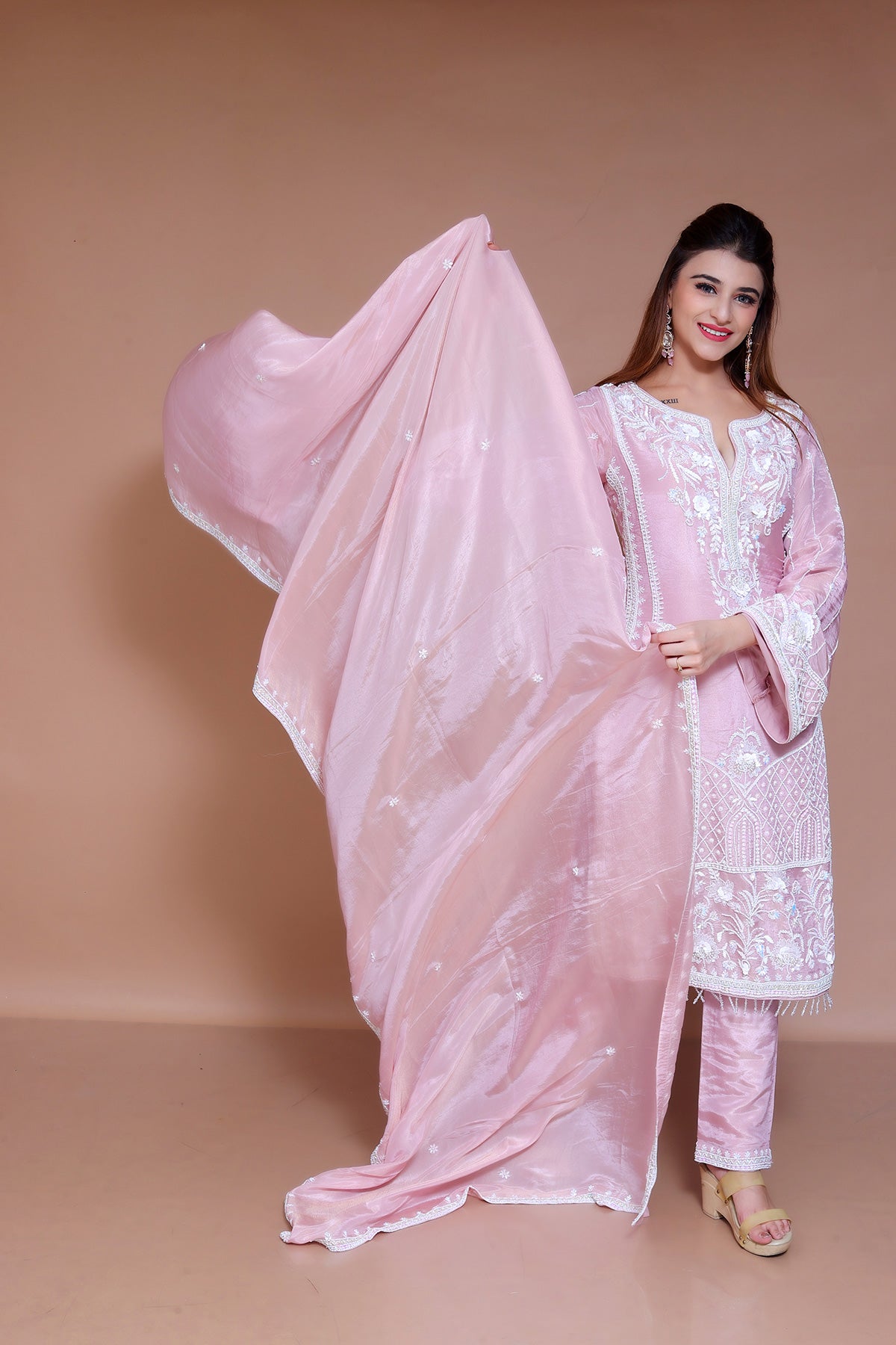 Pink Pent Suit adorned with pearl work