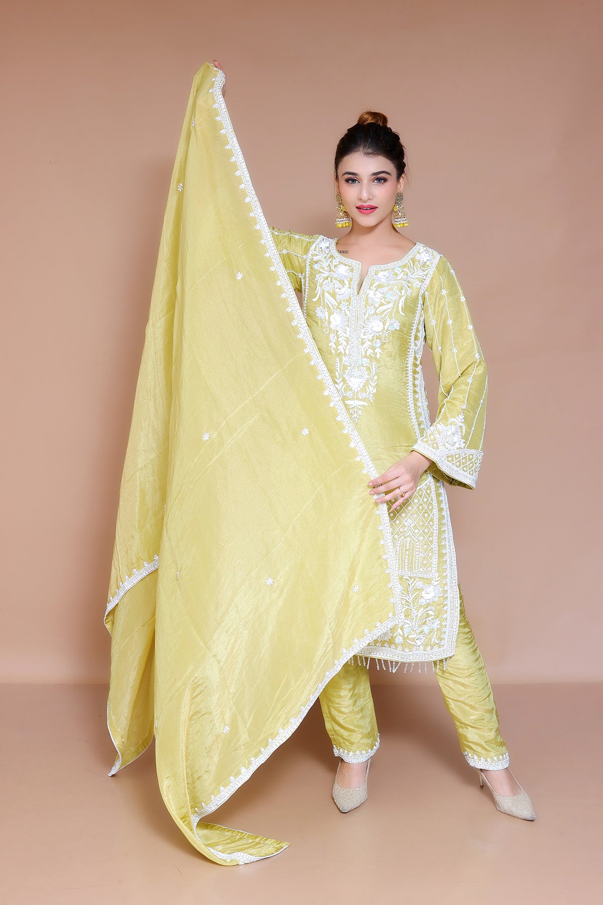 Perrot Green Pent Suit adorned with pearl work