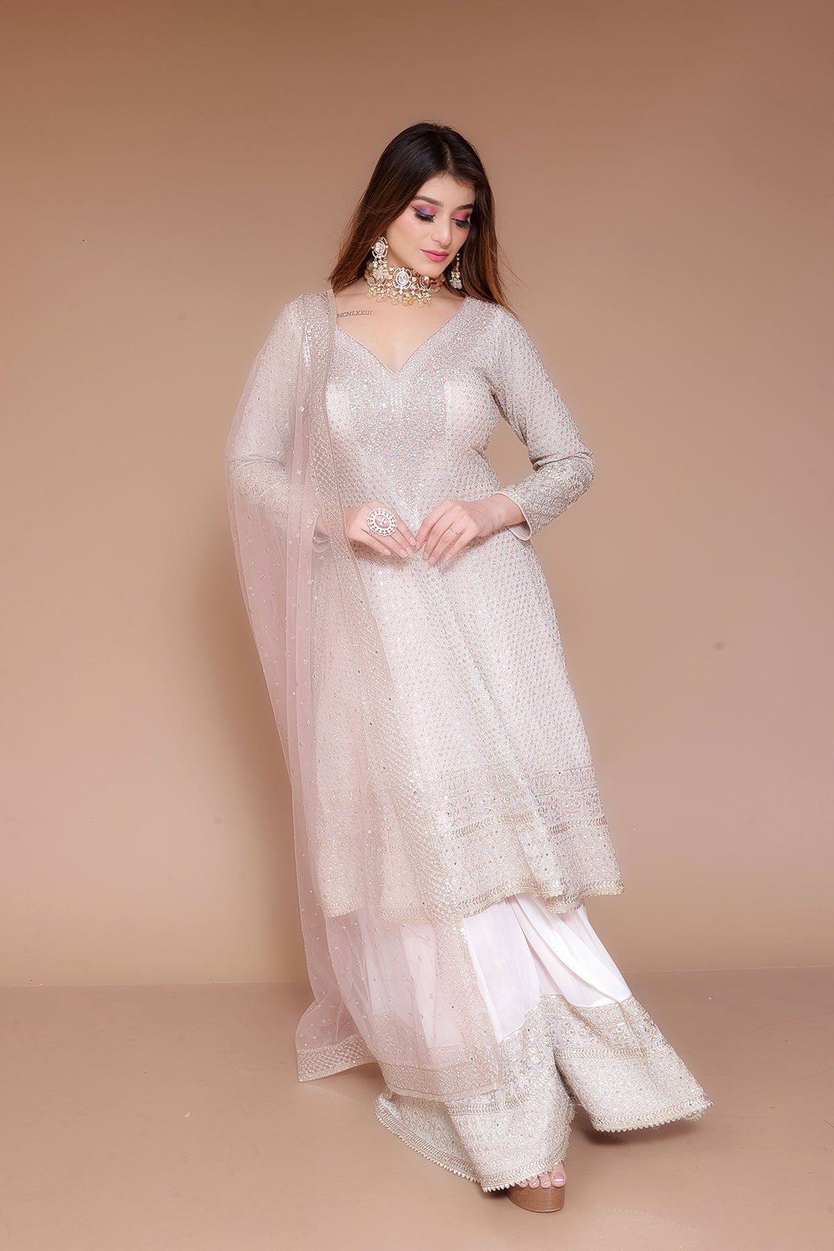 Pink Readymade long shirt sharara suit in georgette