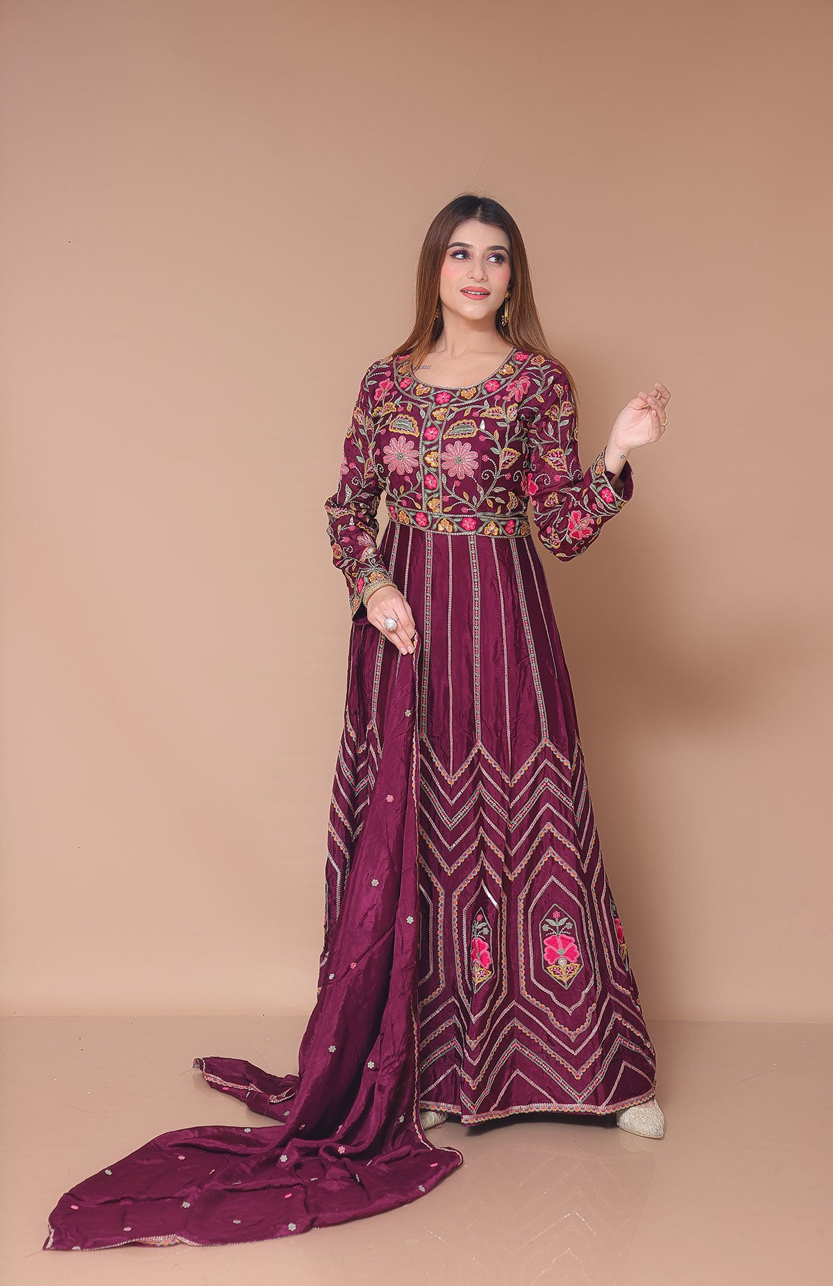 Wine Anarkali with Dupatta in Silk embellished with hand embroidery
