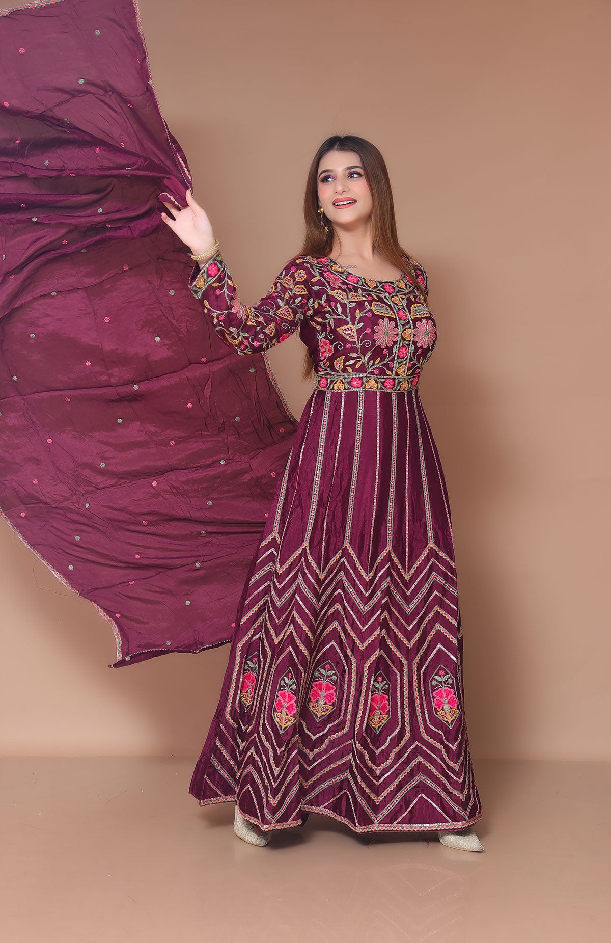 Wine Anarkali with Dupatta in Silk embellished with hand embroidery