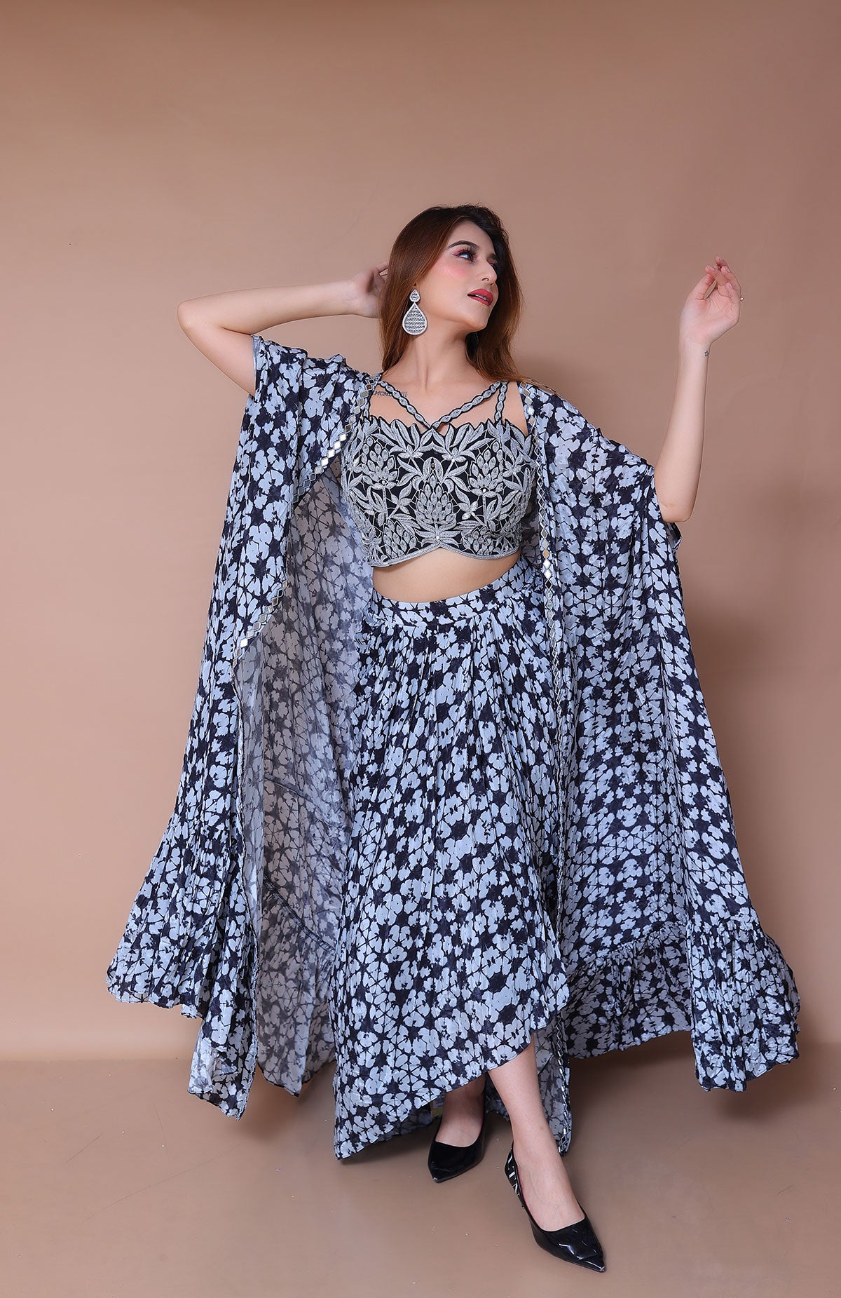 Black and White Drape Dhoti in crepe with Jacket
