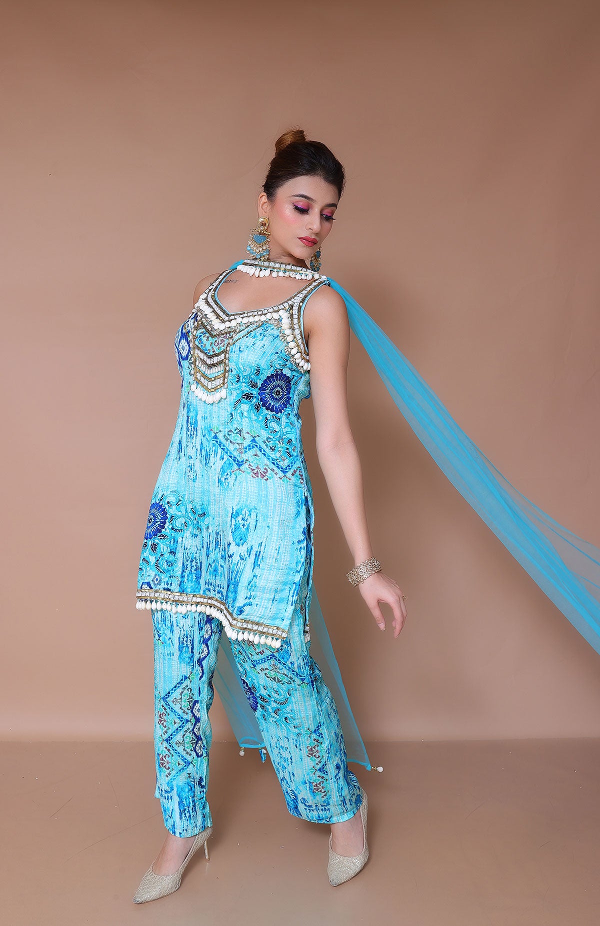 Sky Blue Tie and dye Palazzo Suit in georgette