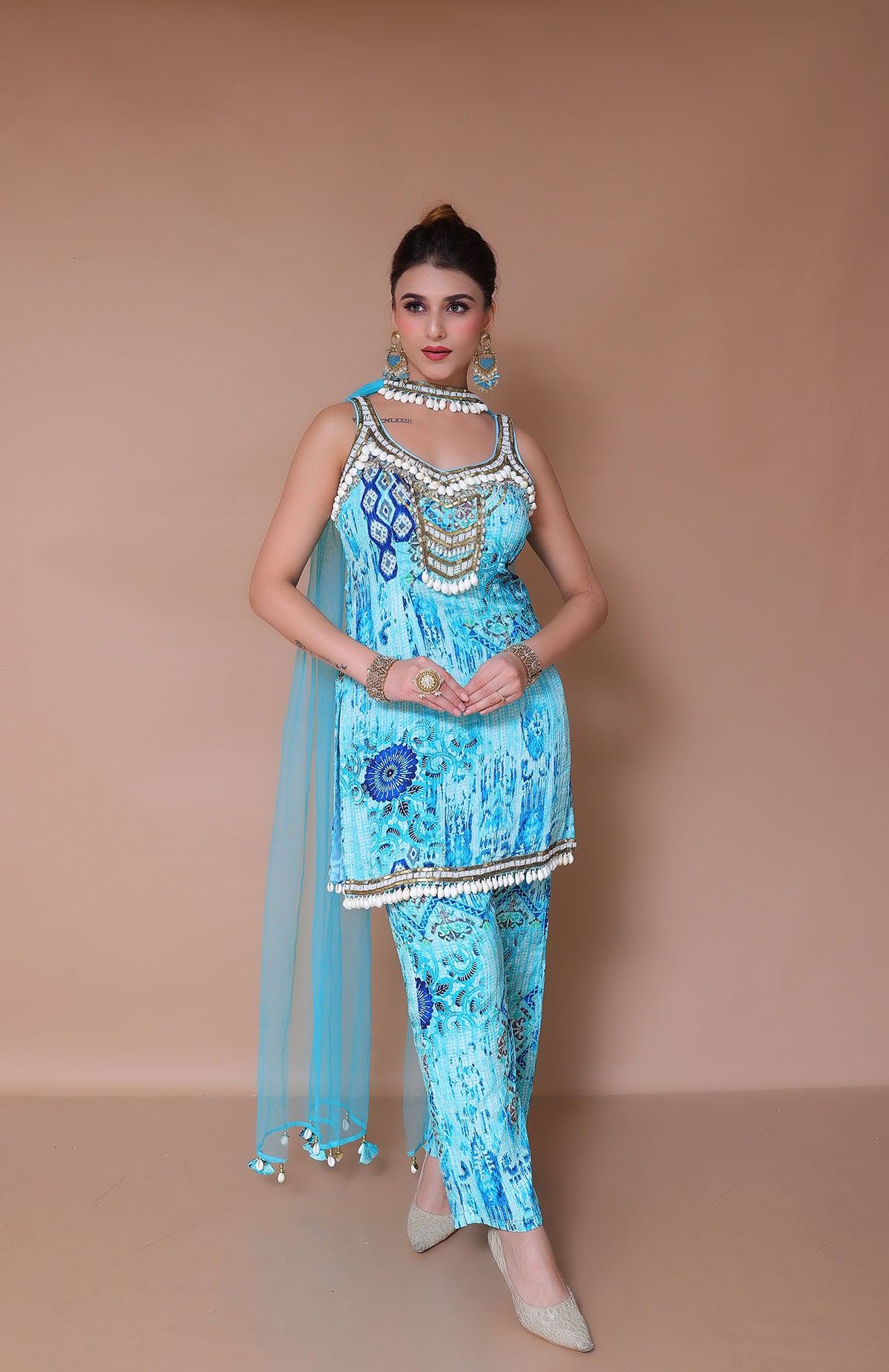 Sky Blue Tie and dye Palazzo Suit in georgette