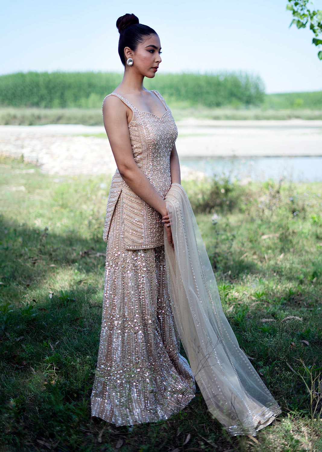 green emerald velvet dress Golden Sharara Suit embellished with hand embroidery – Roop Kala