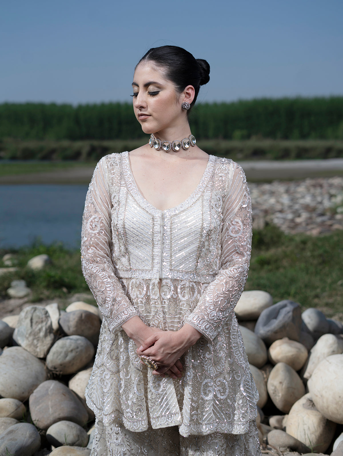 White Sharara Suit embellished with hand embroidery
