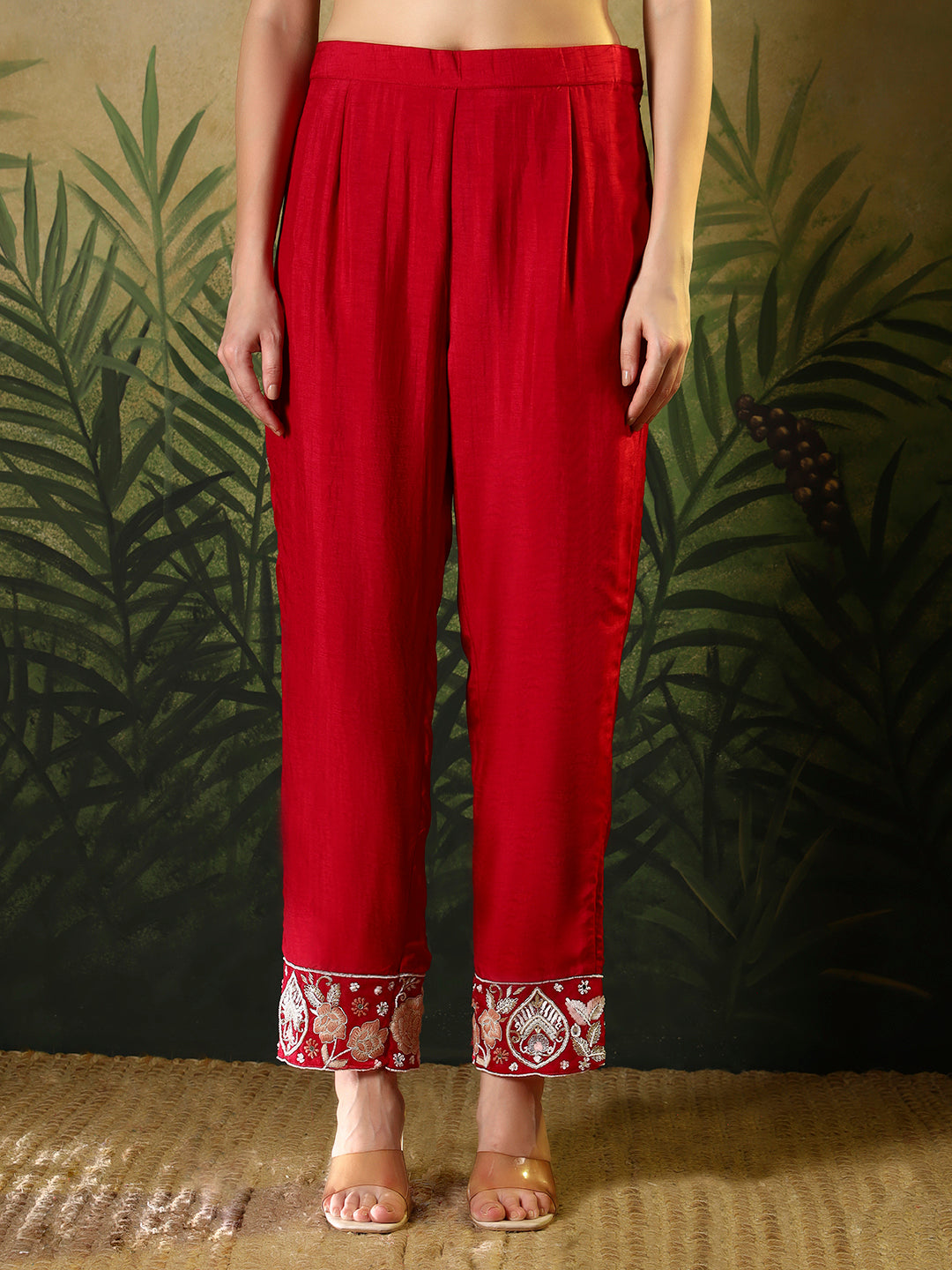 Red Embroidered Straight Kurta Set with Net Dupatta