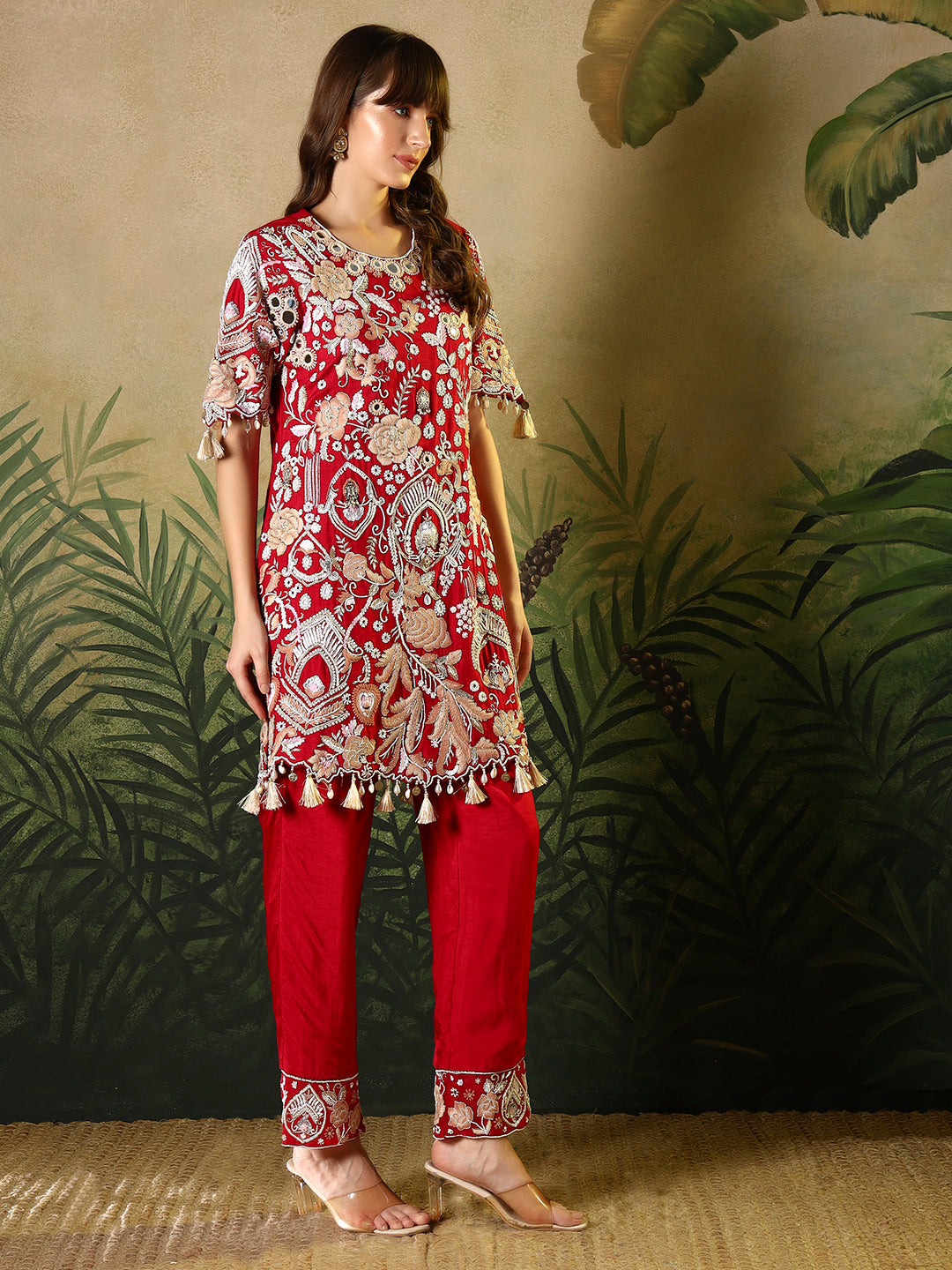Red Embroidered Straight Kurta Set with Net Dupatta
