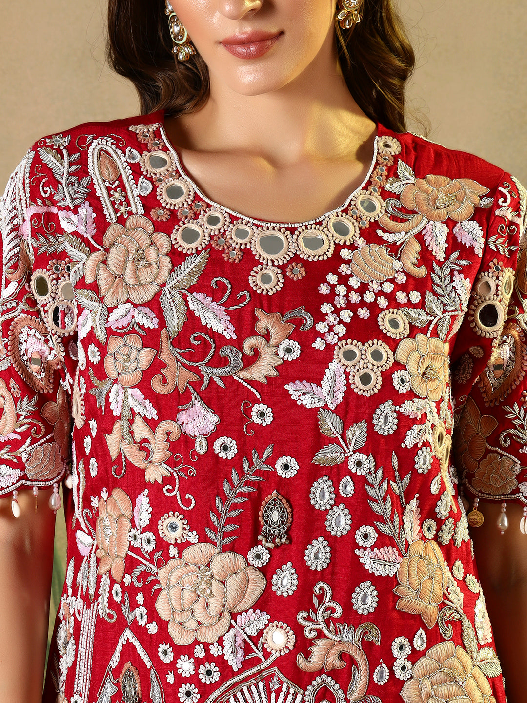 Red Embroidered Straight Kurta Set with Net Dupatta