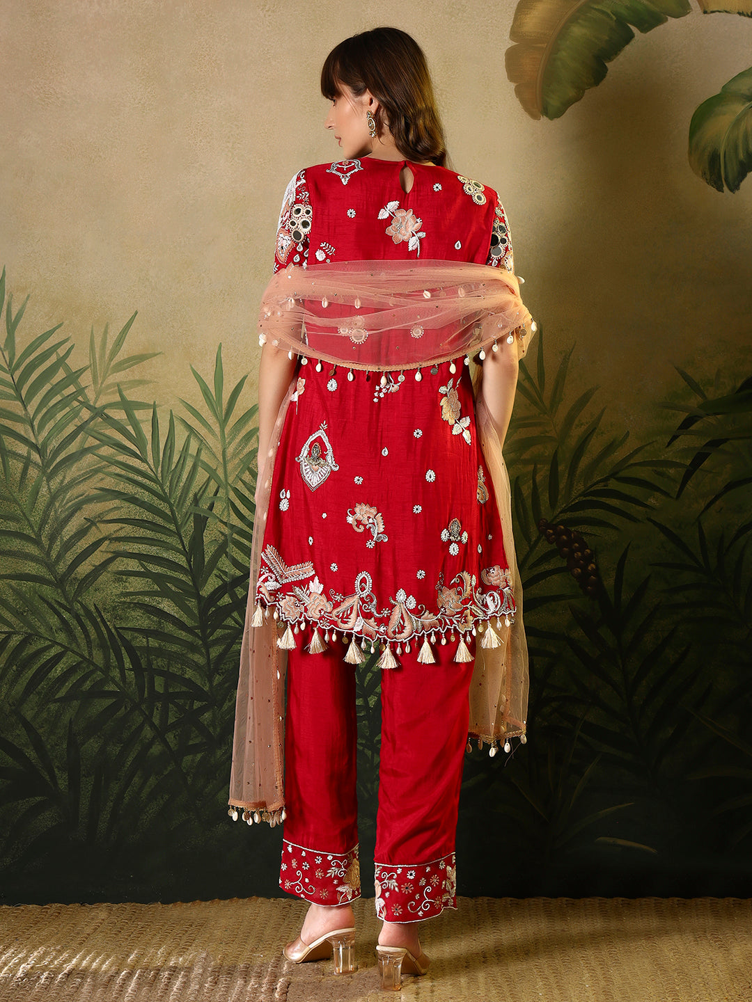 Red Embroidered Straight Kurta Set with Net Dupatta