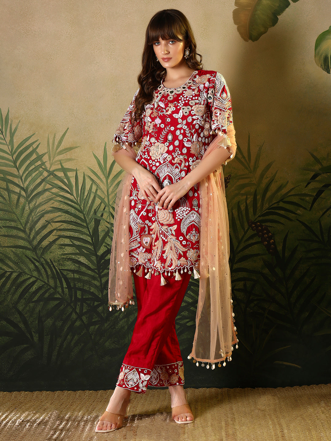Red Embroidered Straight Kurta Set with Net Dupatta