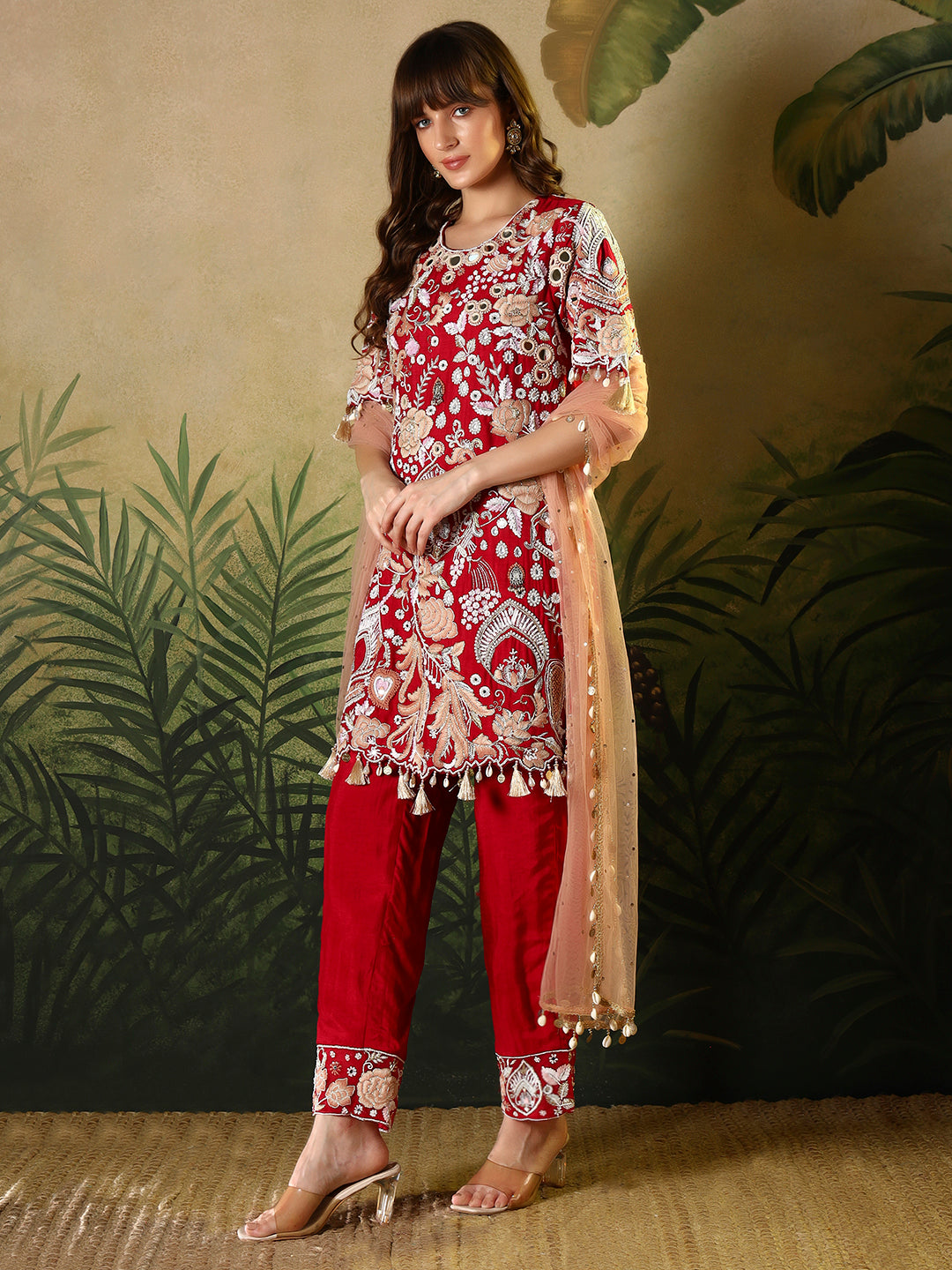 Red Embroidered Straight Kurta Set with Net Dupatta