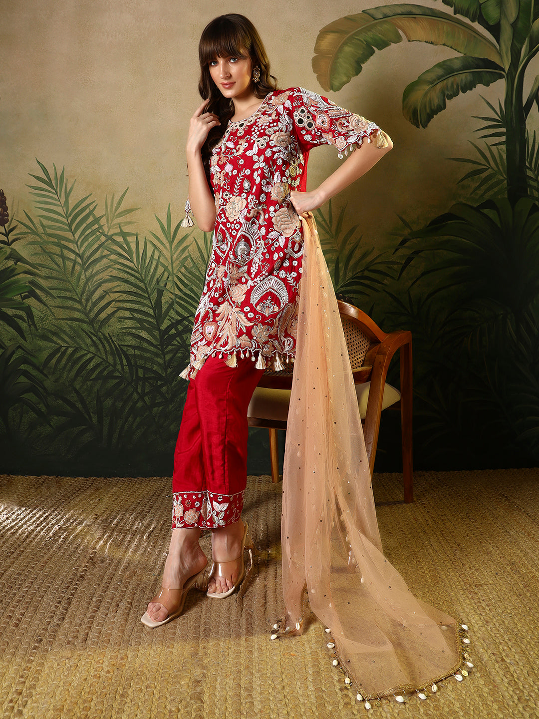 Red Embroidered Straight Kurta Set with Net Dupatta