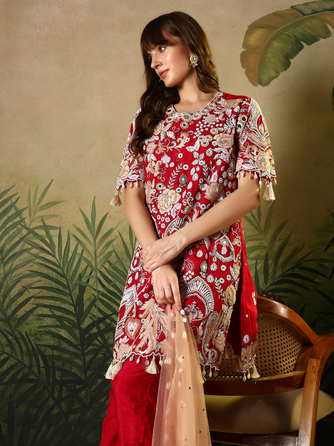 Red Embroidered Straight Kurta Set with Net Dupatta