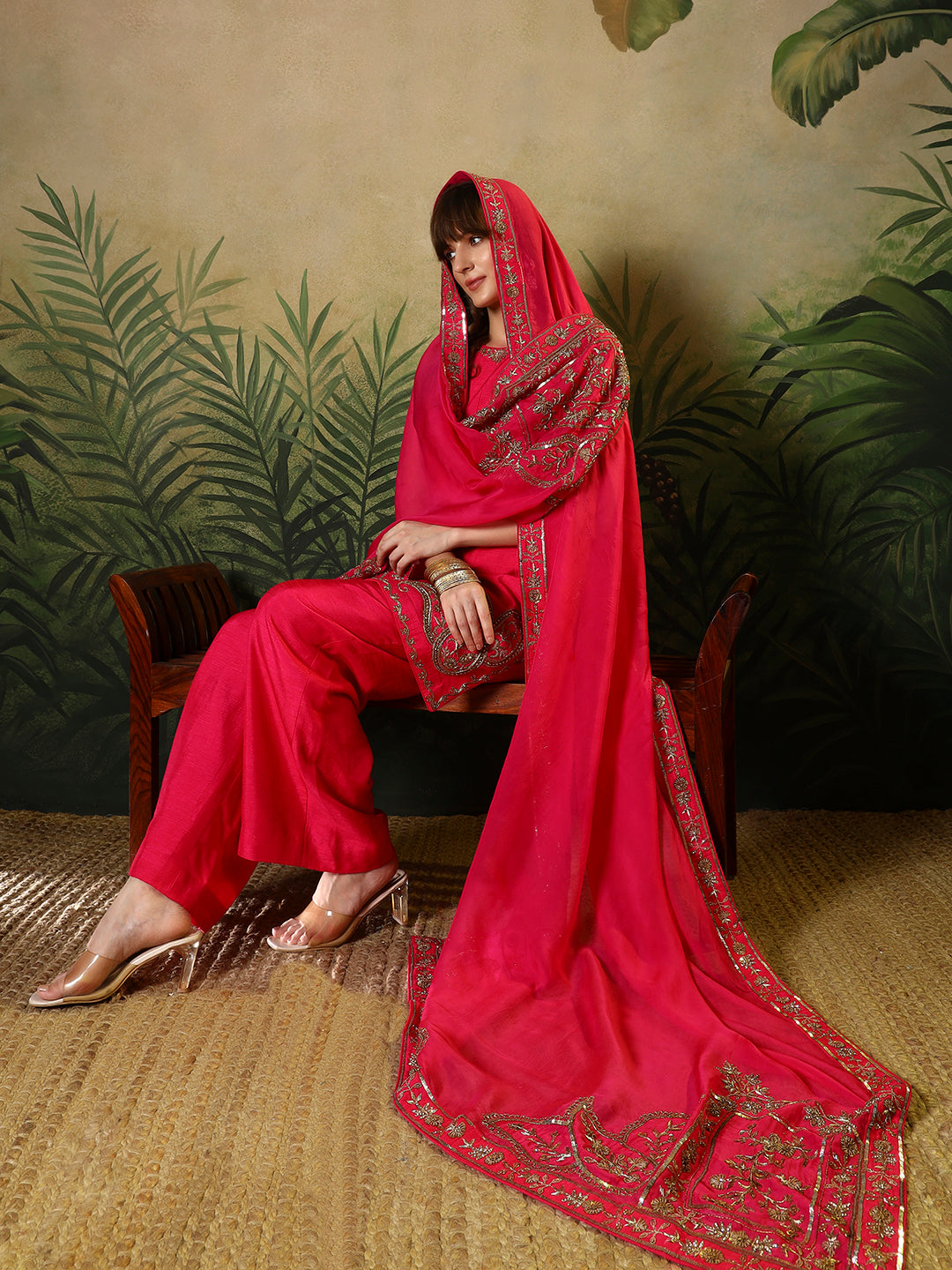 Silk Embroidered Suit with Dupatta – Crimson Red