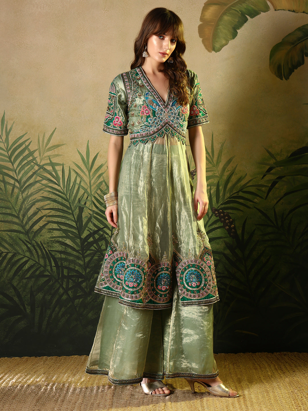 Sage Green organza palazzo suit set