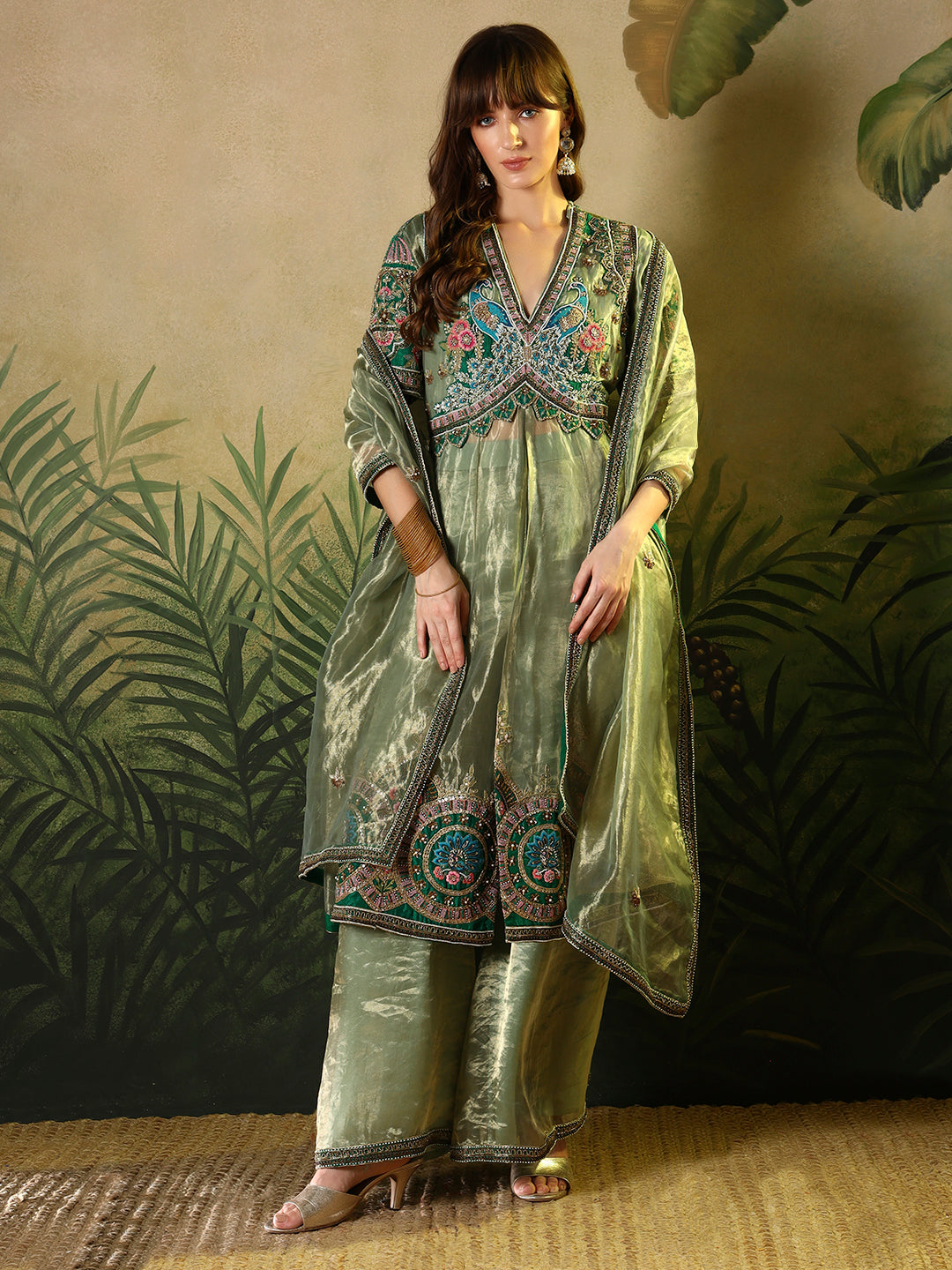 Sage Green organza palazzo suit set