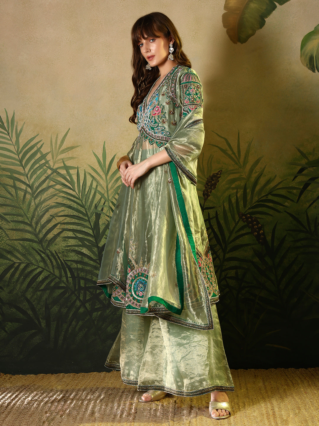 Sage Green organza palazzo suit set