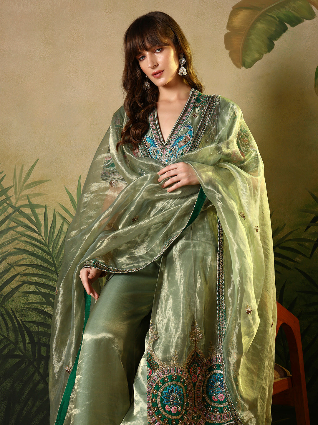 Sage Green organza palazzo suit set