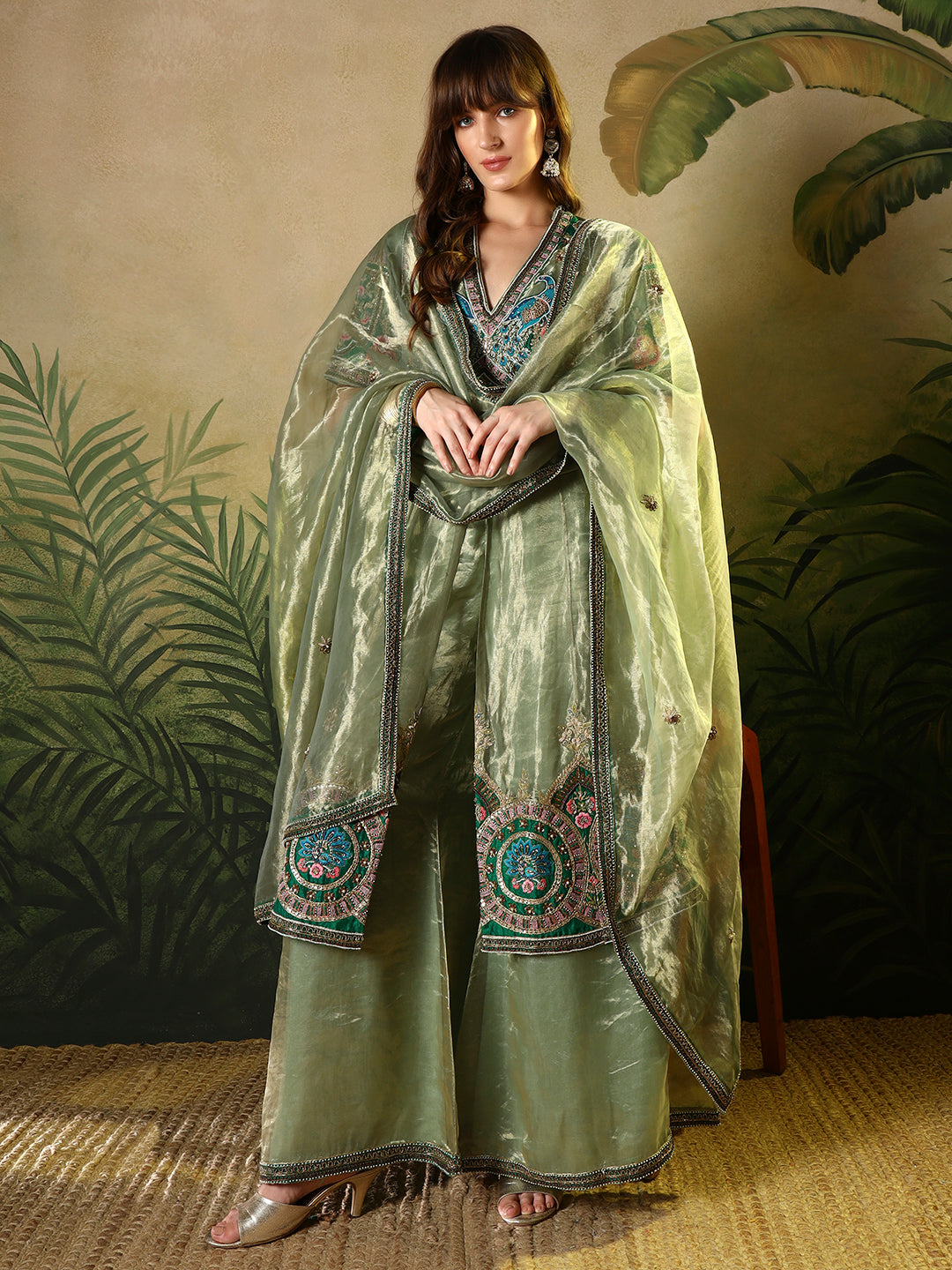 Sage Green organza palazzo suit set