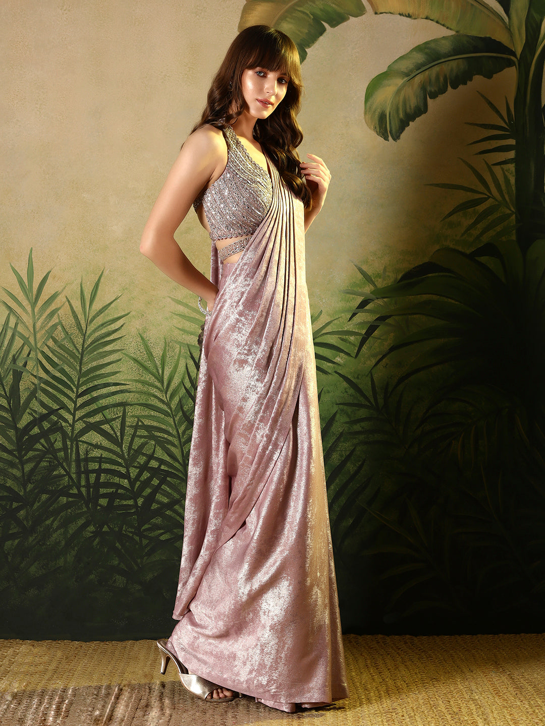 Dusty Rose Shimmer Pre-Draped Saree with Embellished Blouse