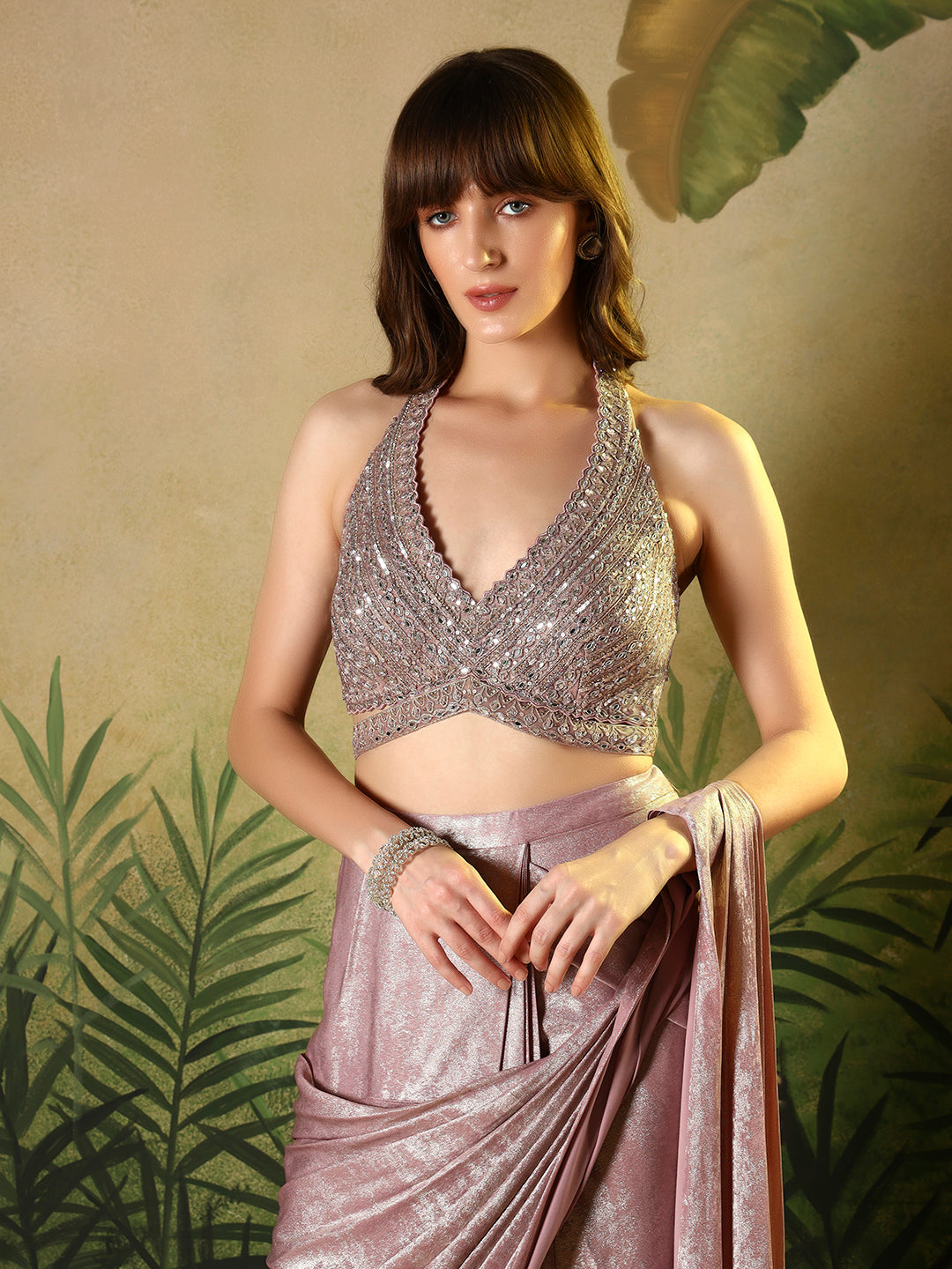 Dusty Rose Shimmer Pre-Draped Saree with Embellished Blouse