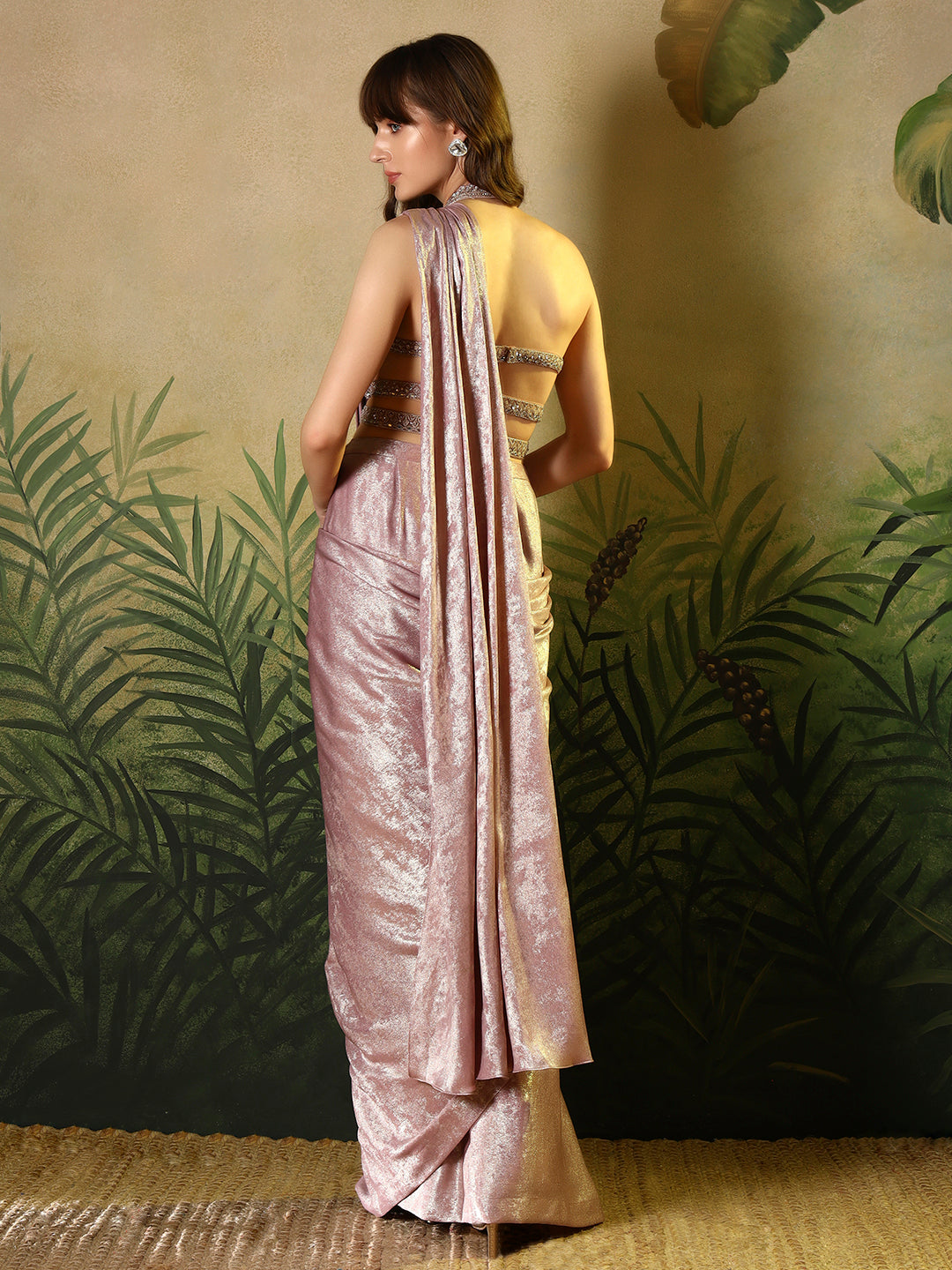 Dusty Rose Shimmer Pre-Draped Saree with Embellished Blouse