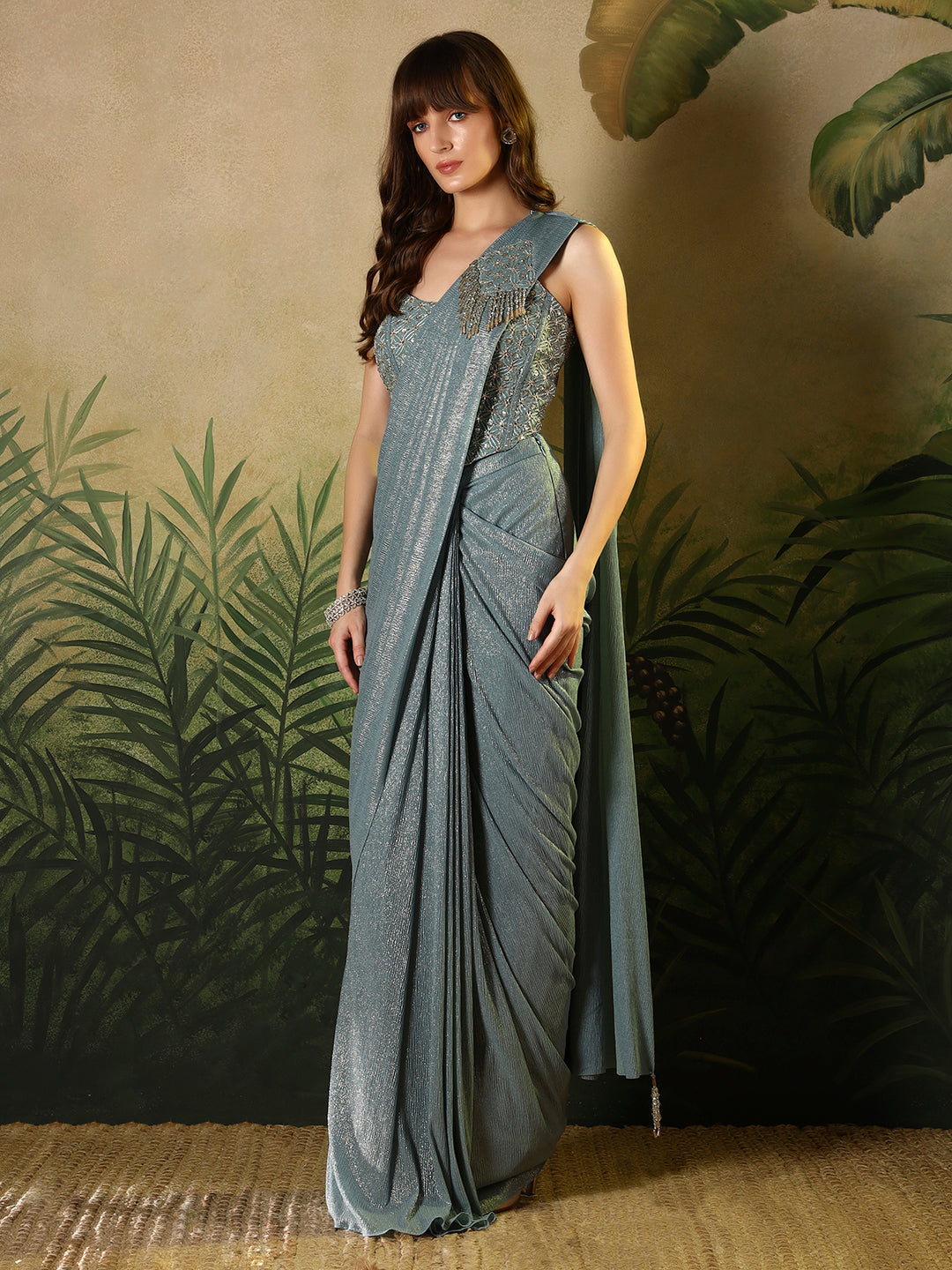 Elegant Metallic Blue Pre-Draped Saree with Embroidered Blouse