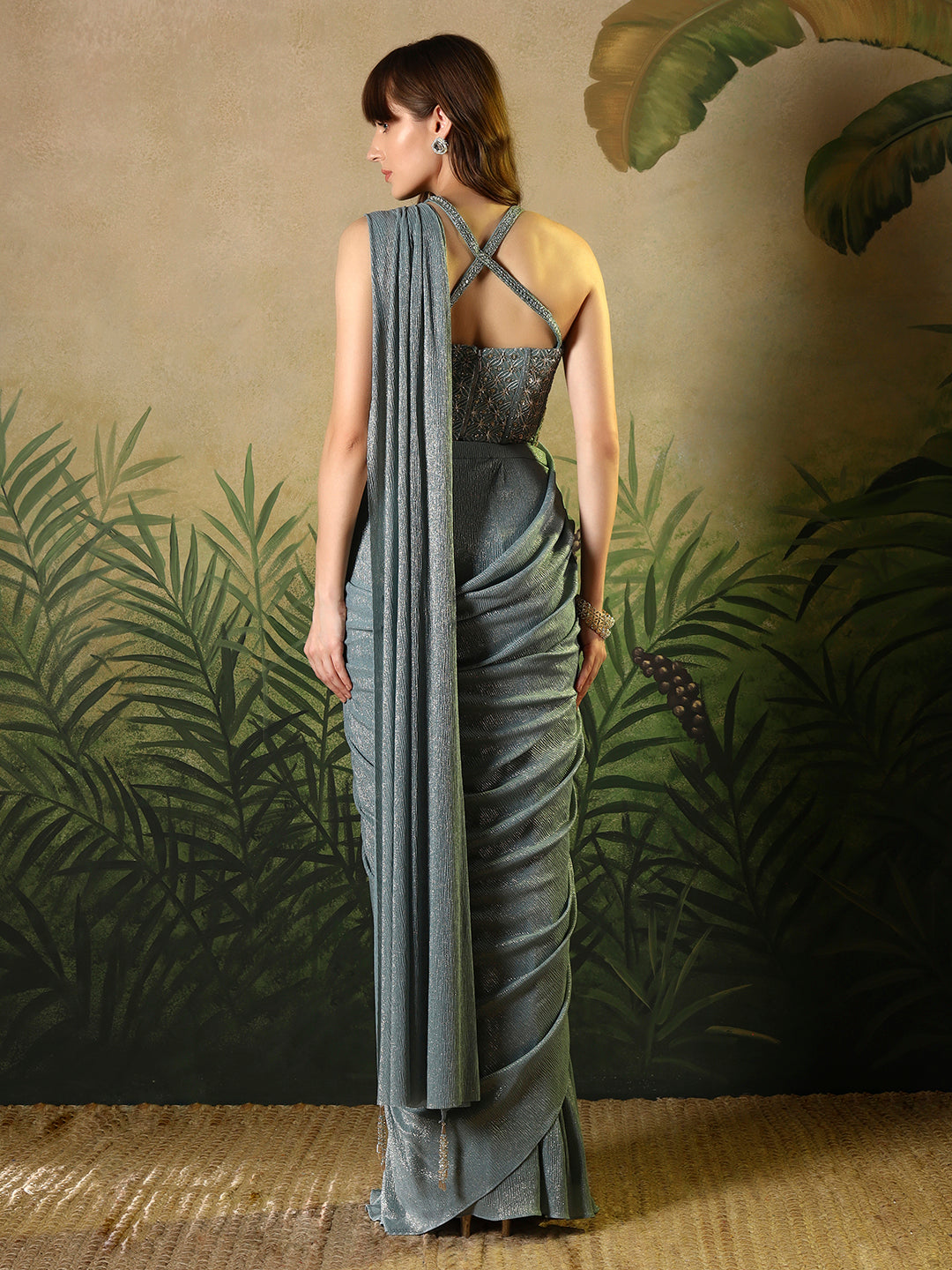 Elegant Metallic Blue Pre-Draped Saree with Embroidered Blouse