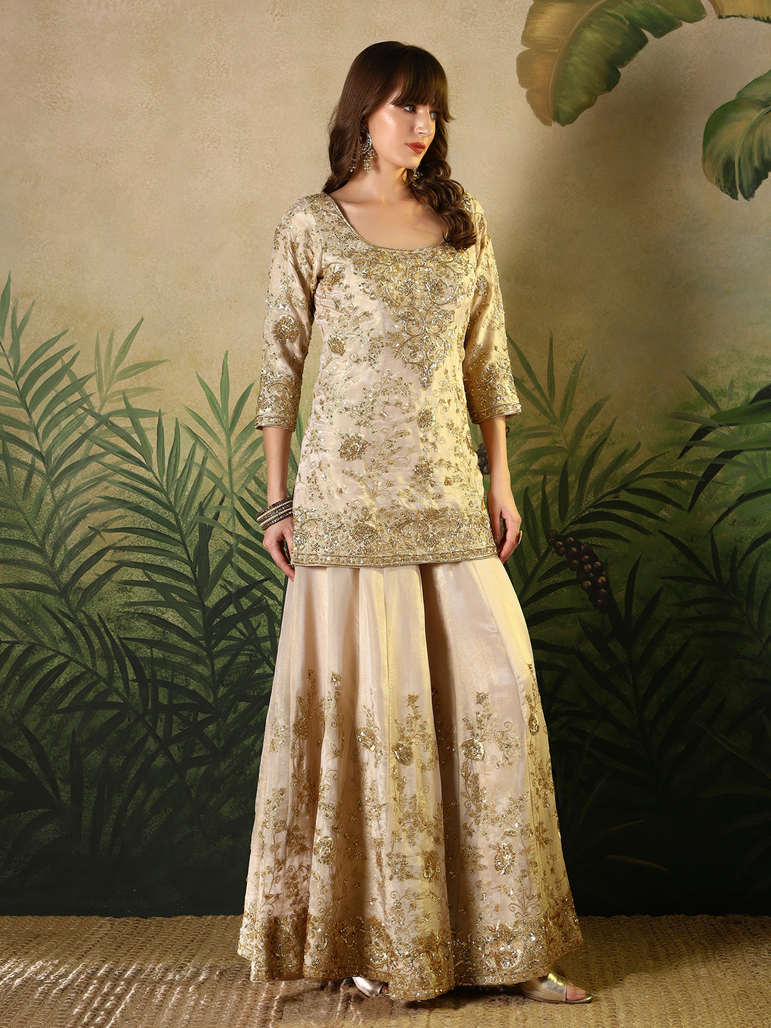 Champagne Gold Embroidered Kurta Sharara Set with Dupatta