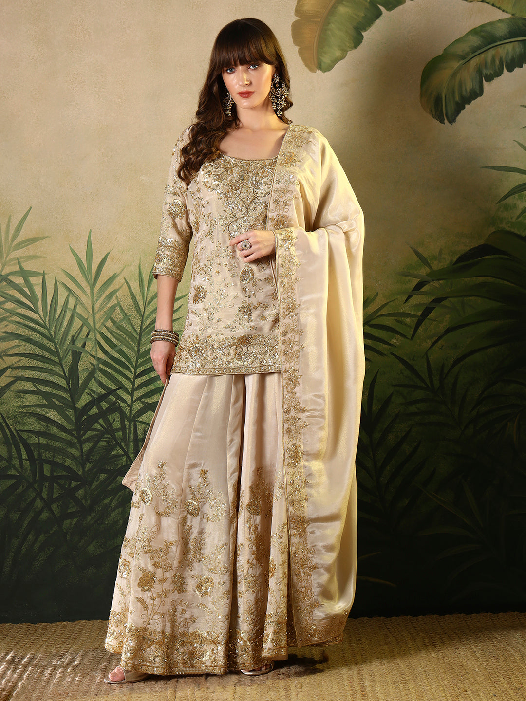 Champagne Gold Embroidered Kurta Sharara Set with Dupatta