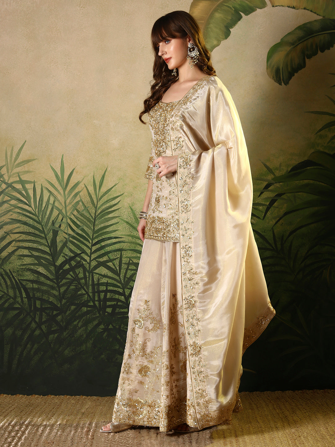 Champagne Gold Embroidered Kurta Sharara Set with Dupatta