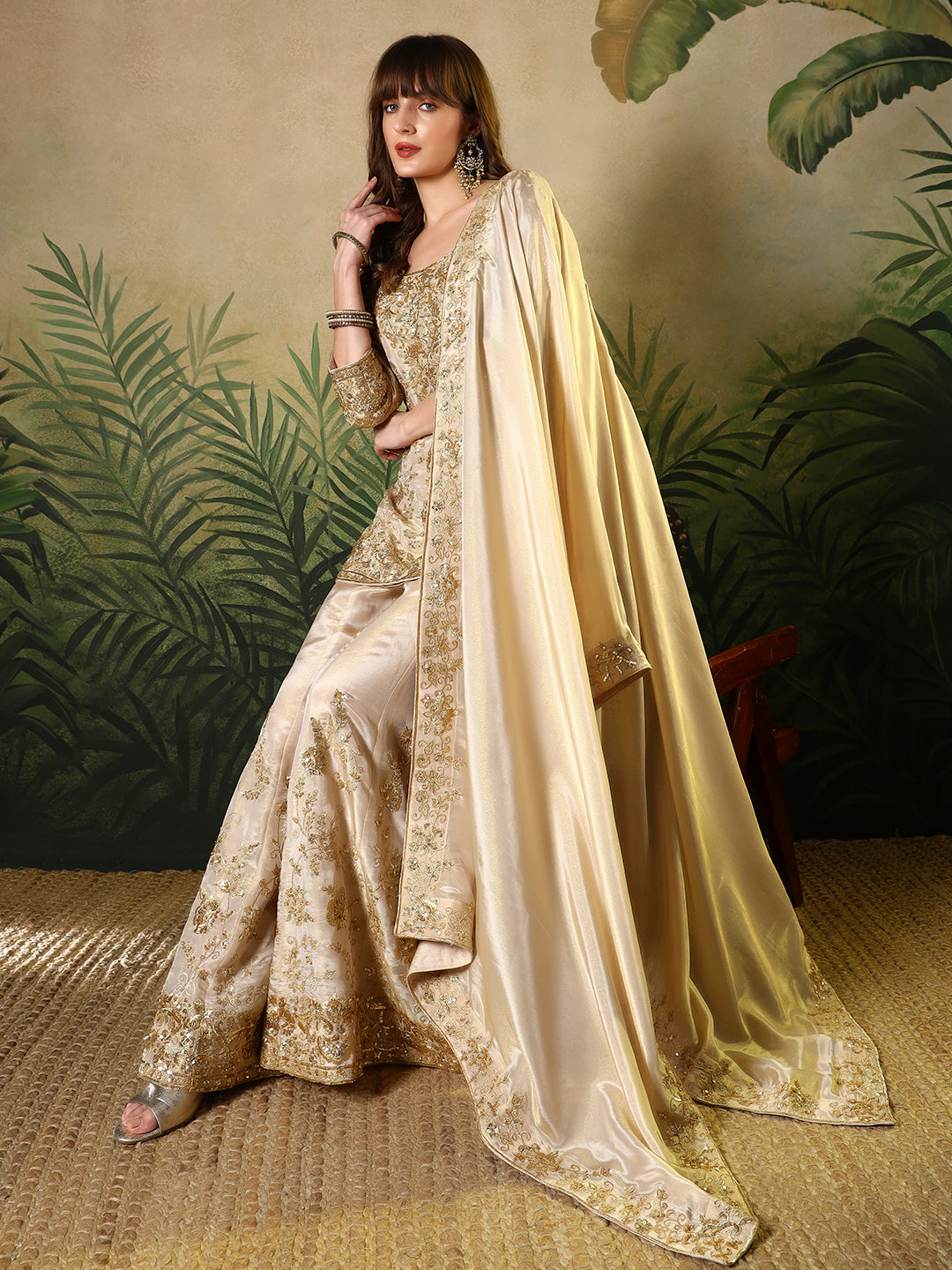 Champagne Gold Embroidered Kurta Sharara Set with Dupatta