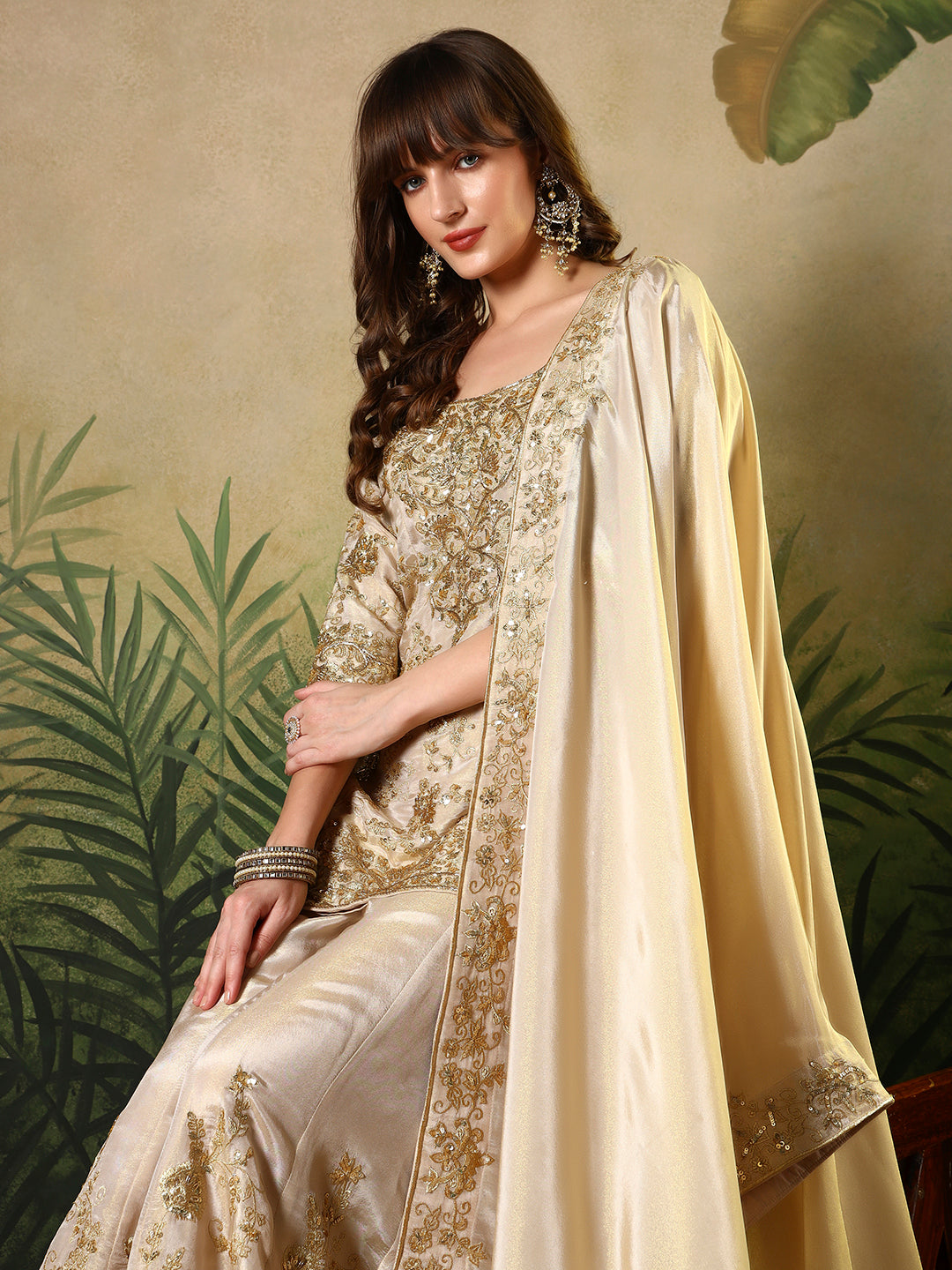 Champagne Gold Embroidered Kurta Sharara Set with Dupatta