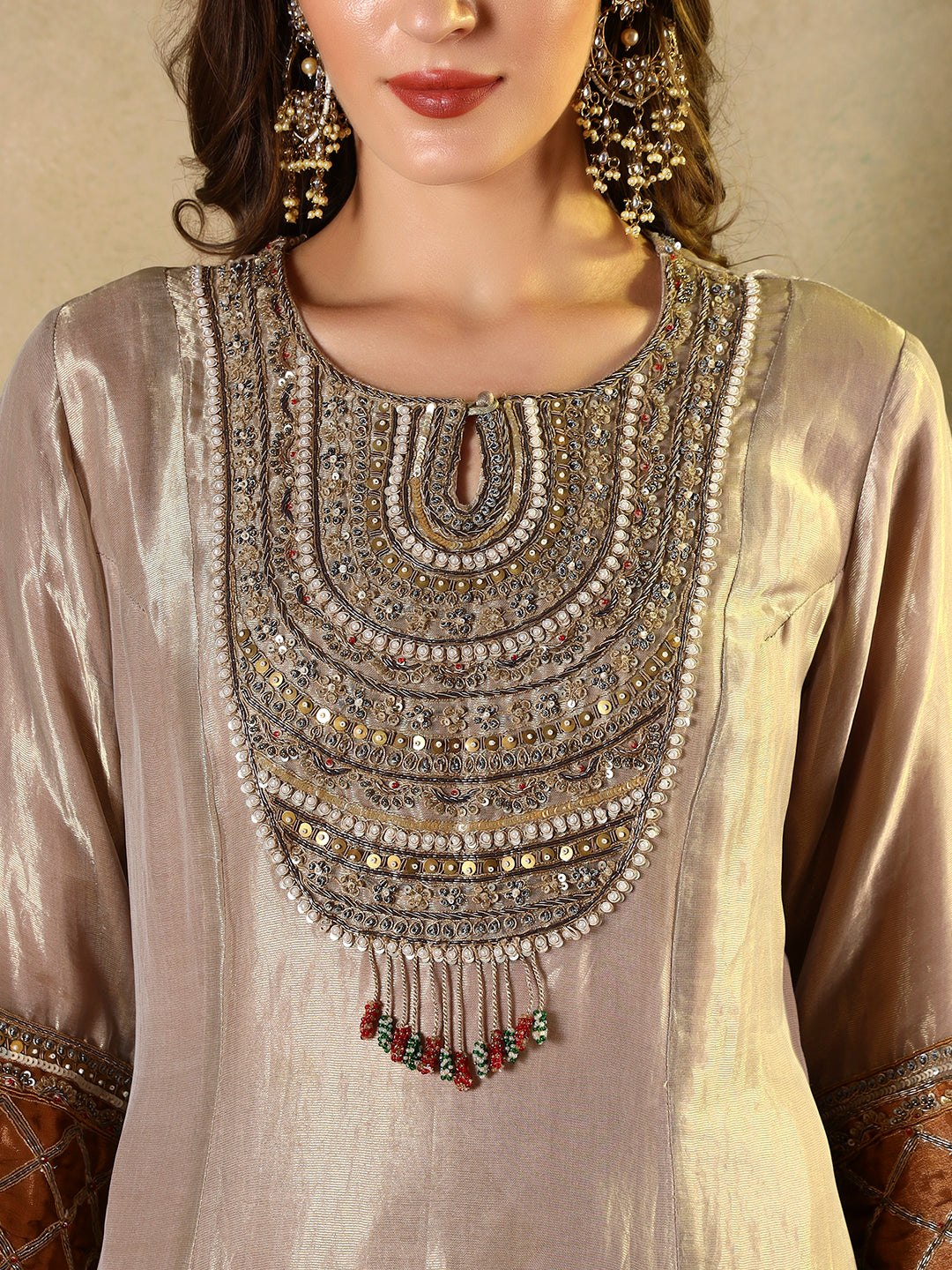 Luxury Embroidered Silk Suit with Dupatta – Beige & Rust
