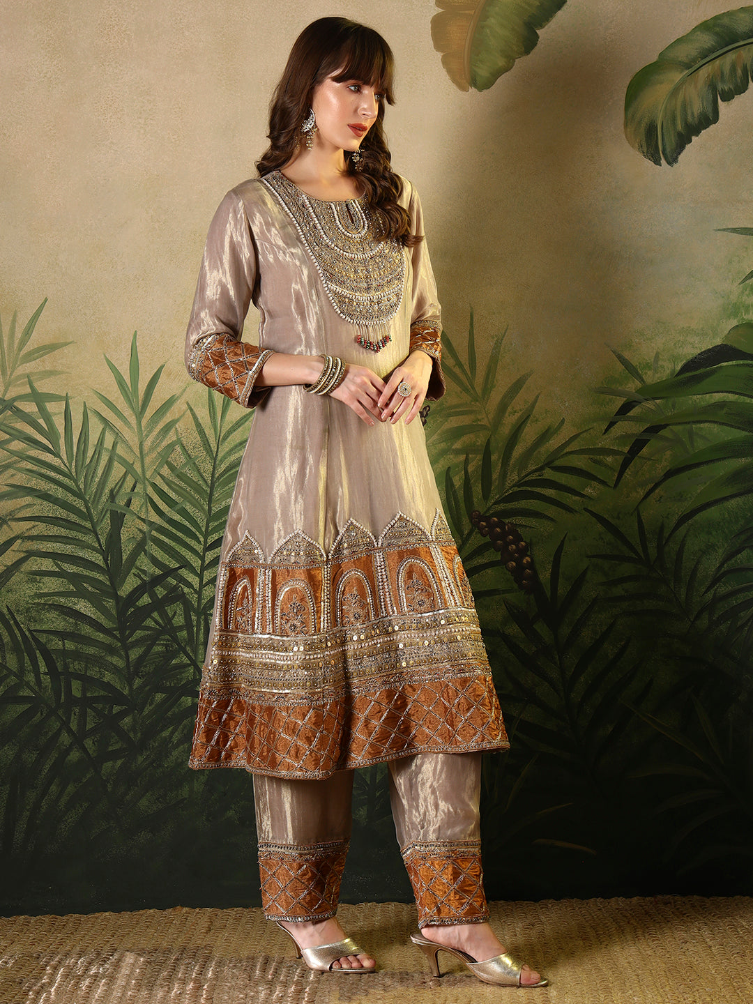 Luxury Embroidered Silk Suit with Dupatta – Beige & Rust