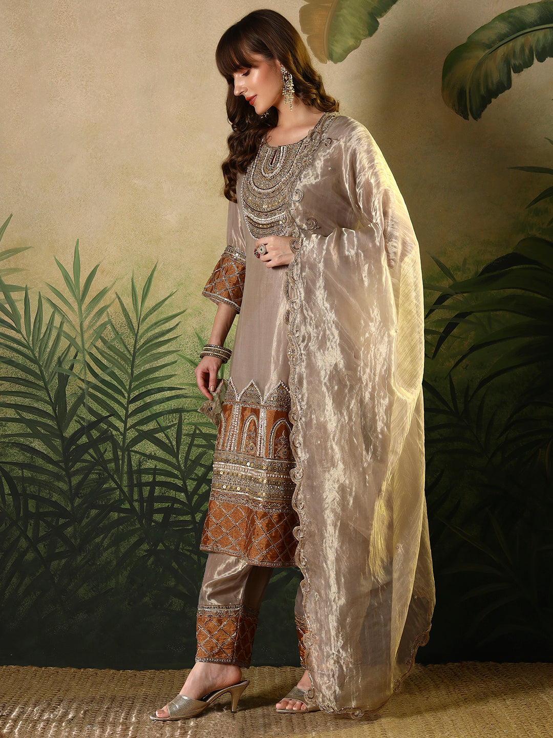 Luxury Embroidered Silk Suit with Dupatta – Beige & Rust