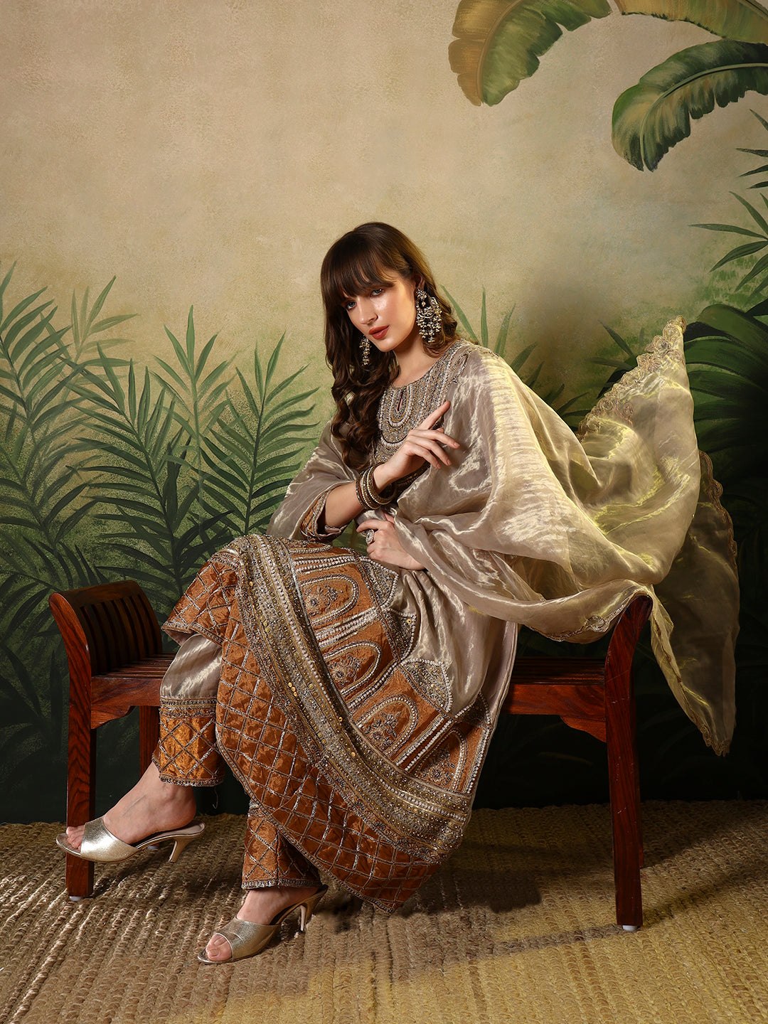Luxury Embroidered Silk Suit with Dupatta – Beige & Rust