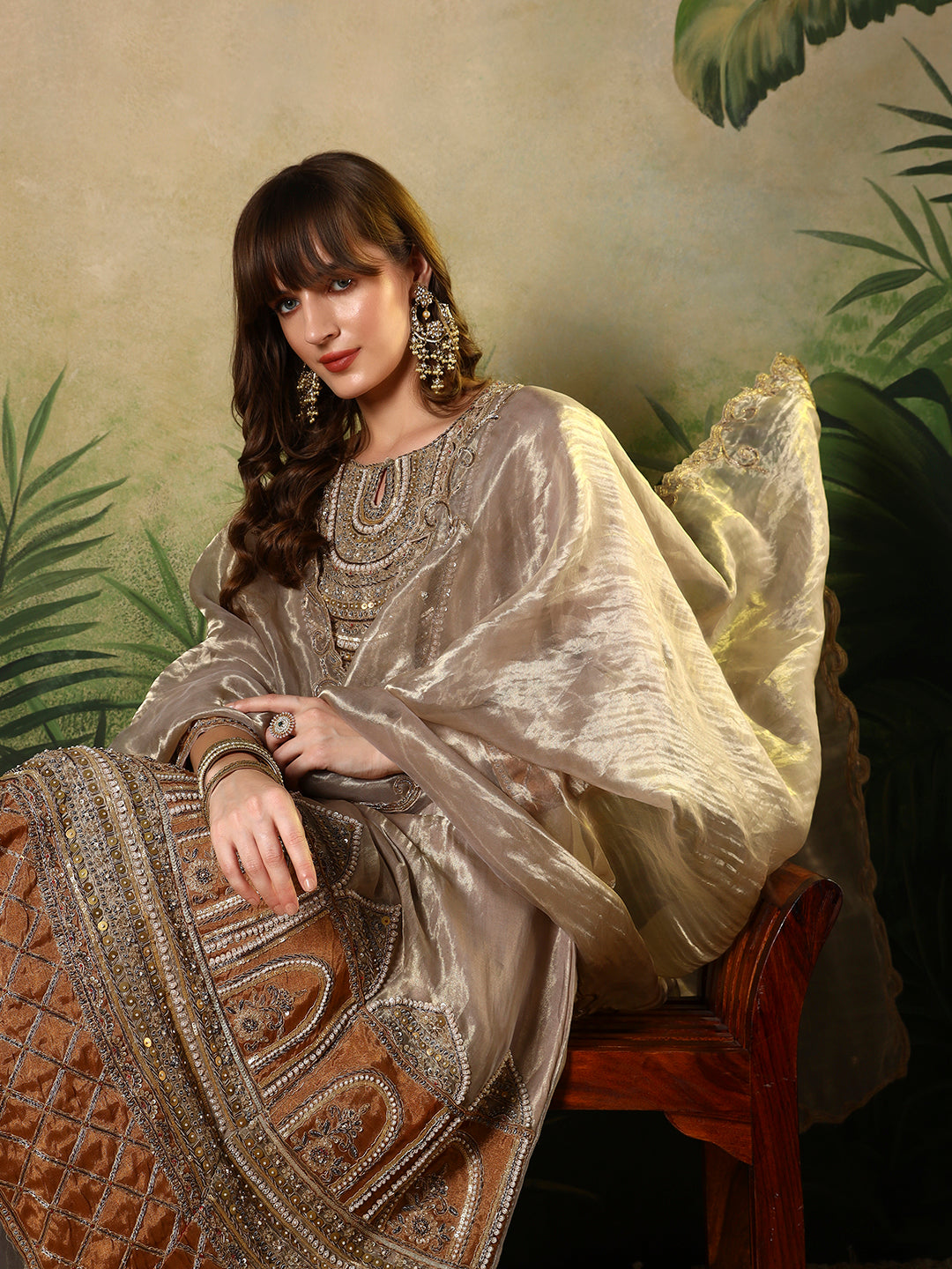 Luxury Embroidered Silk Suit with Dupatta – Beige & Rust