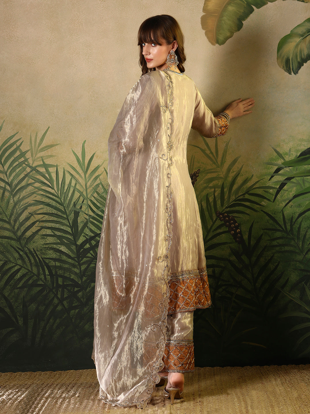 Luxury Embroidered Silk Suit with Dupatta – Beige & Rust