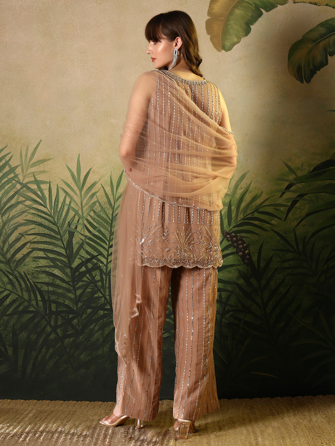 Embellished Nude Brown Sharara Suit with Net Dupatta