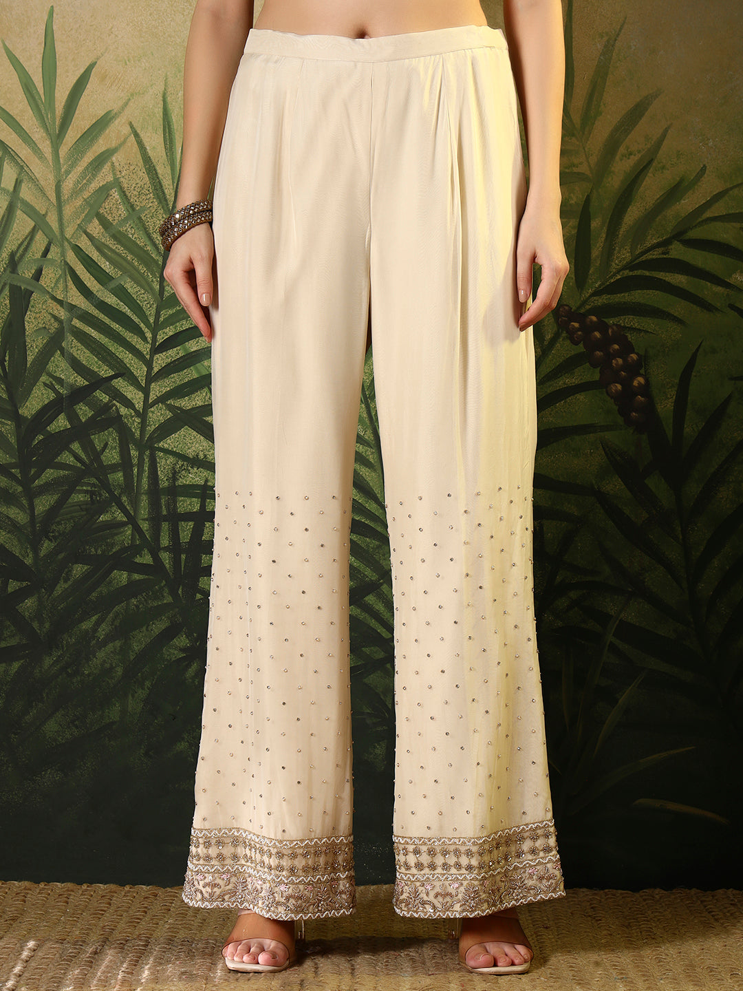 Ivory Embroidered Straight Kurta Set with Palazzo and Dupatta