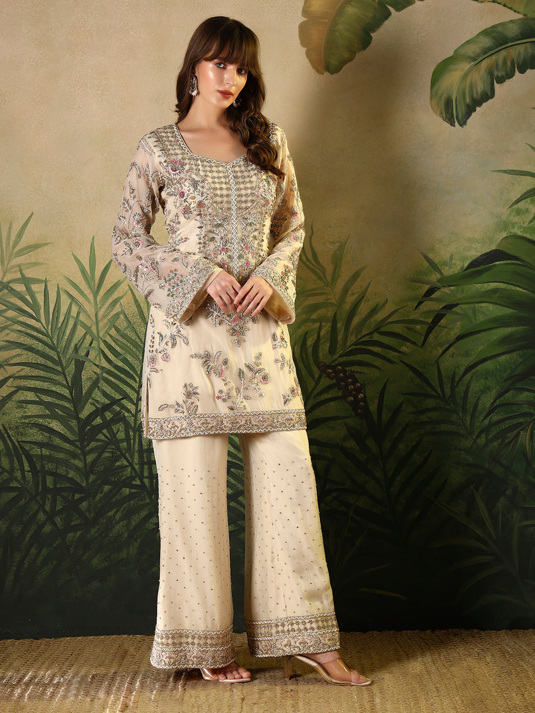 Ivory Embroidered Straight Kurta Set with Palazzo and Dupatta