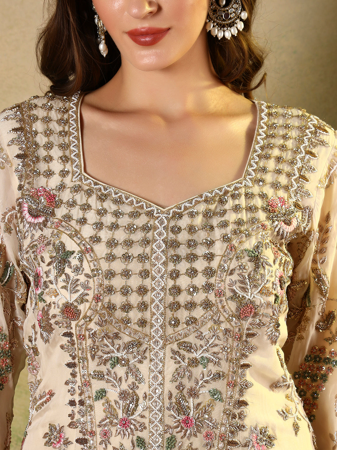 Ivory Embroidered Straight Kurta Set with Palazzo and Dupatta